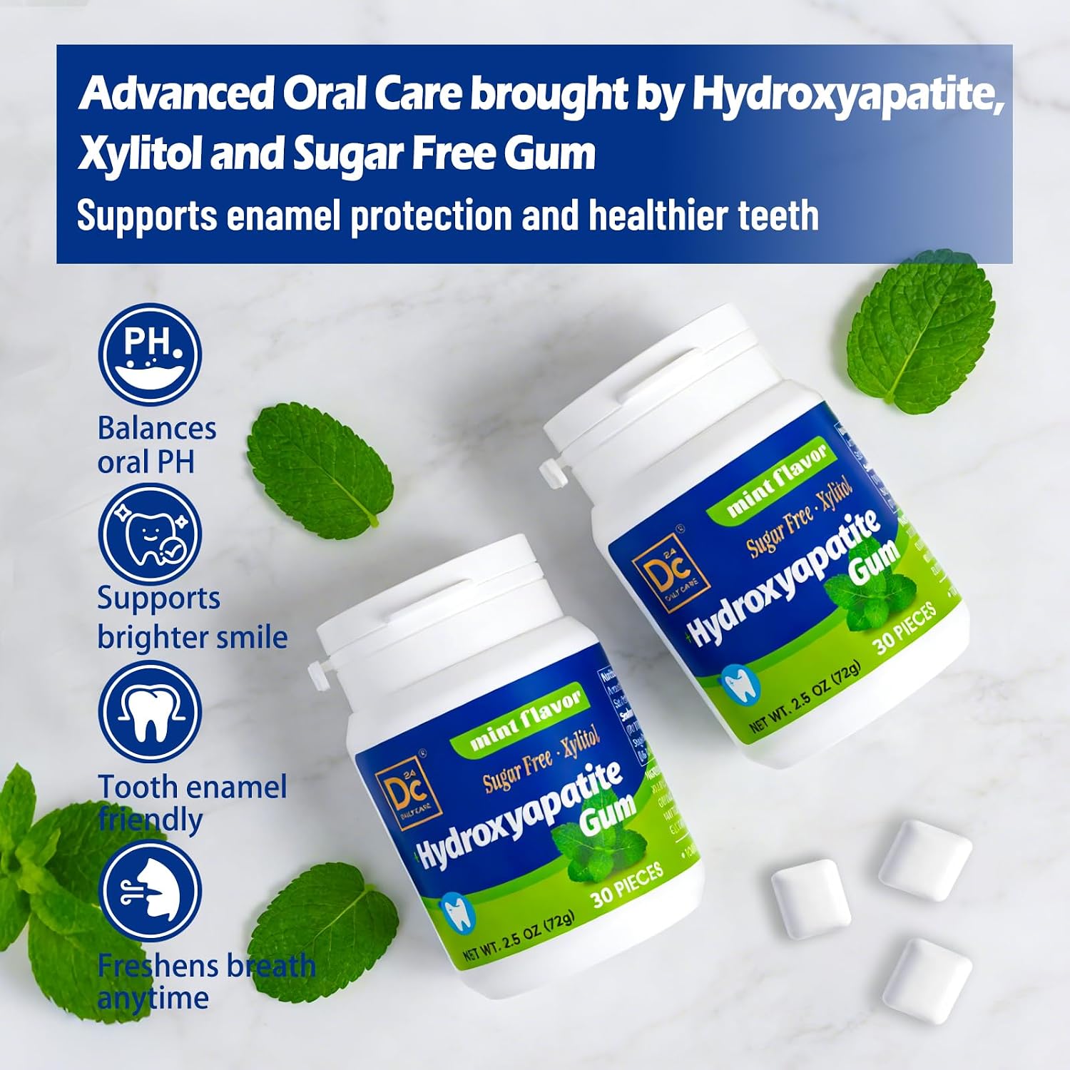Detalle de DC24 DAILY CARE Remineralizing Hydroxyapatite Gum, Peppermint, 90 Count
