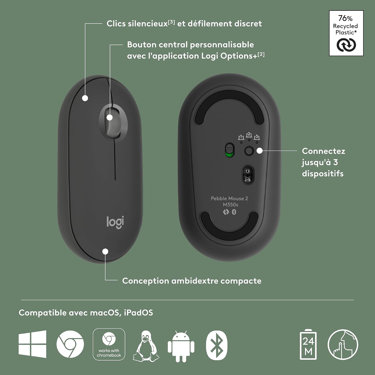 Thumbnail 6 de Logitech Pebble Mouse 2 M350s Fine – Souris Bluetooth fine et légère en Graphite