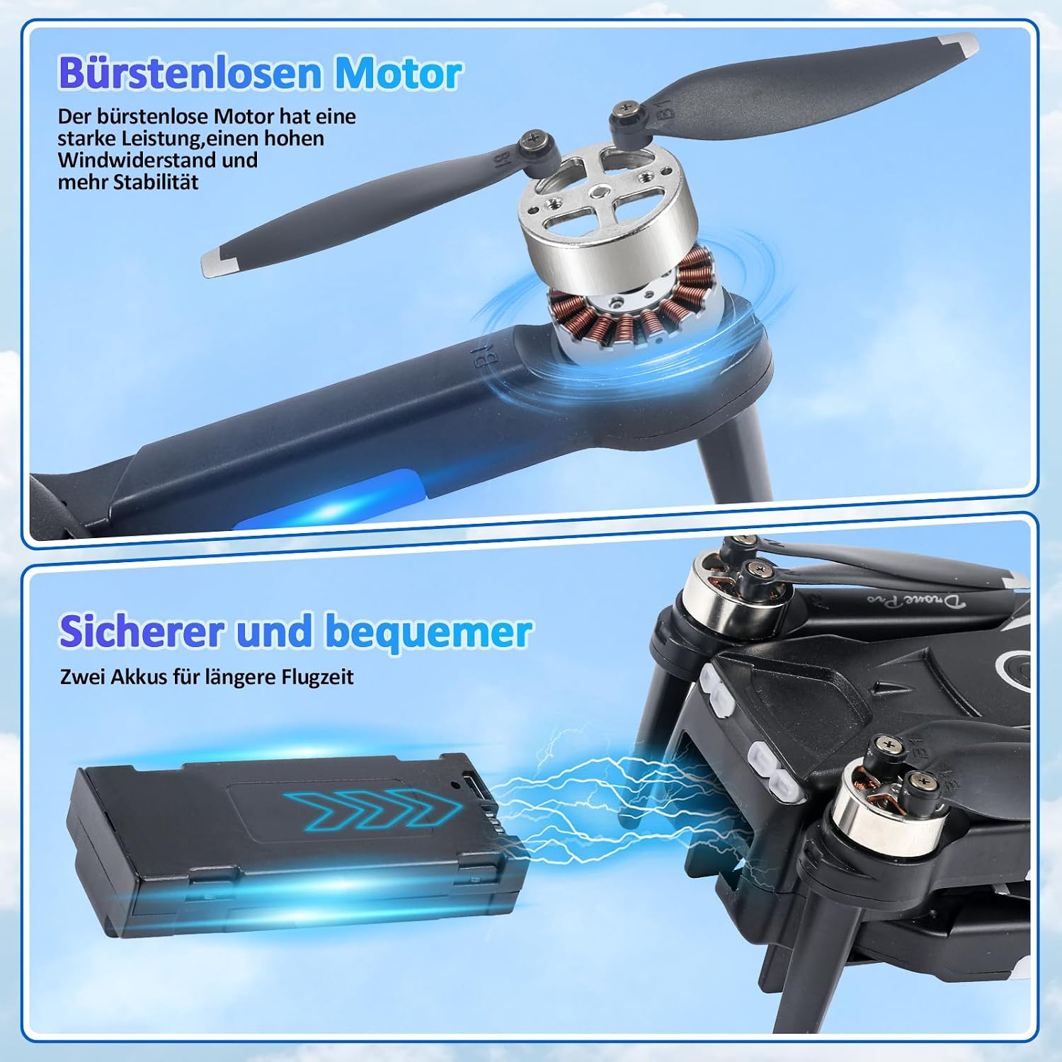 Detalle de Drohne mit Kamera HD 4K – faltbar, FPV WiFi, 2 Akkus, brushless Motoren, Hindernisvermeidung