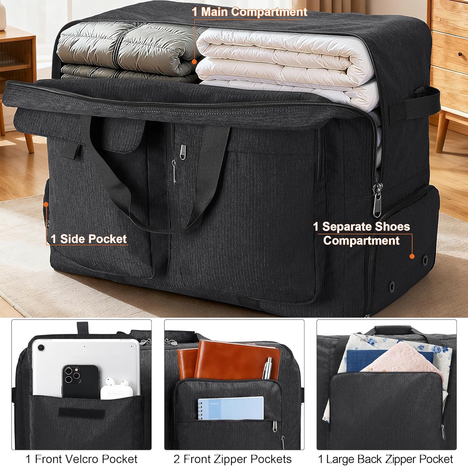 Detalle de Sac de Voyage Pliable 100L avec Compartiment à Chaussures – Grand Sac Léger et Polyvalent