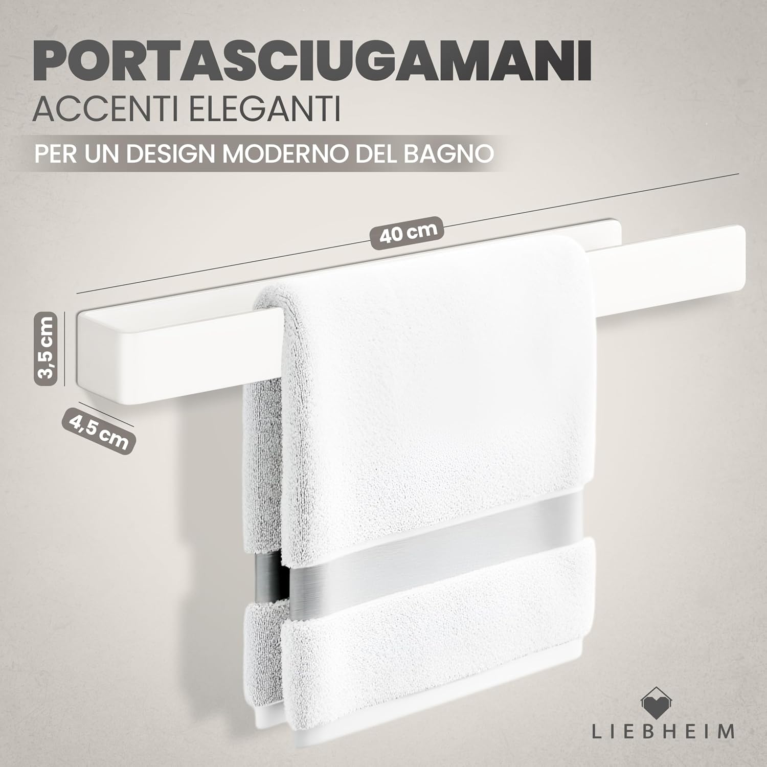 Detalle de LIEBHEIM Porta Asciugamani adesivo da parete in alluminio bianco (22 cm) – senza forare