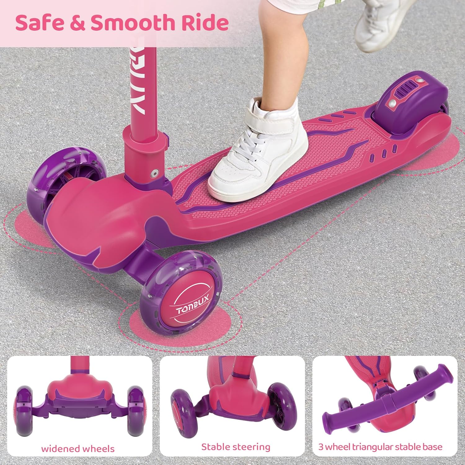Detalle de TONBUX Kids Scooter (3-Wheel, Light-Up Wheels) — Folding, Adjustable Height Lean-to-Steer for Ages 3–12