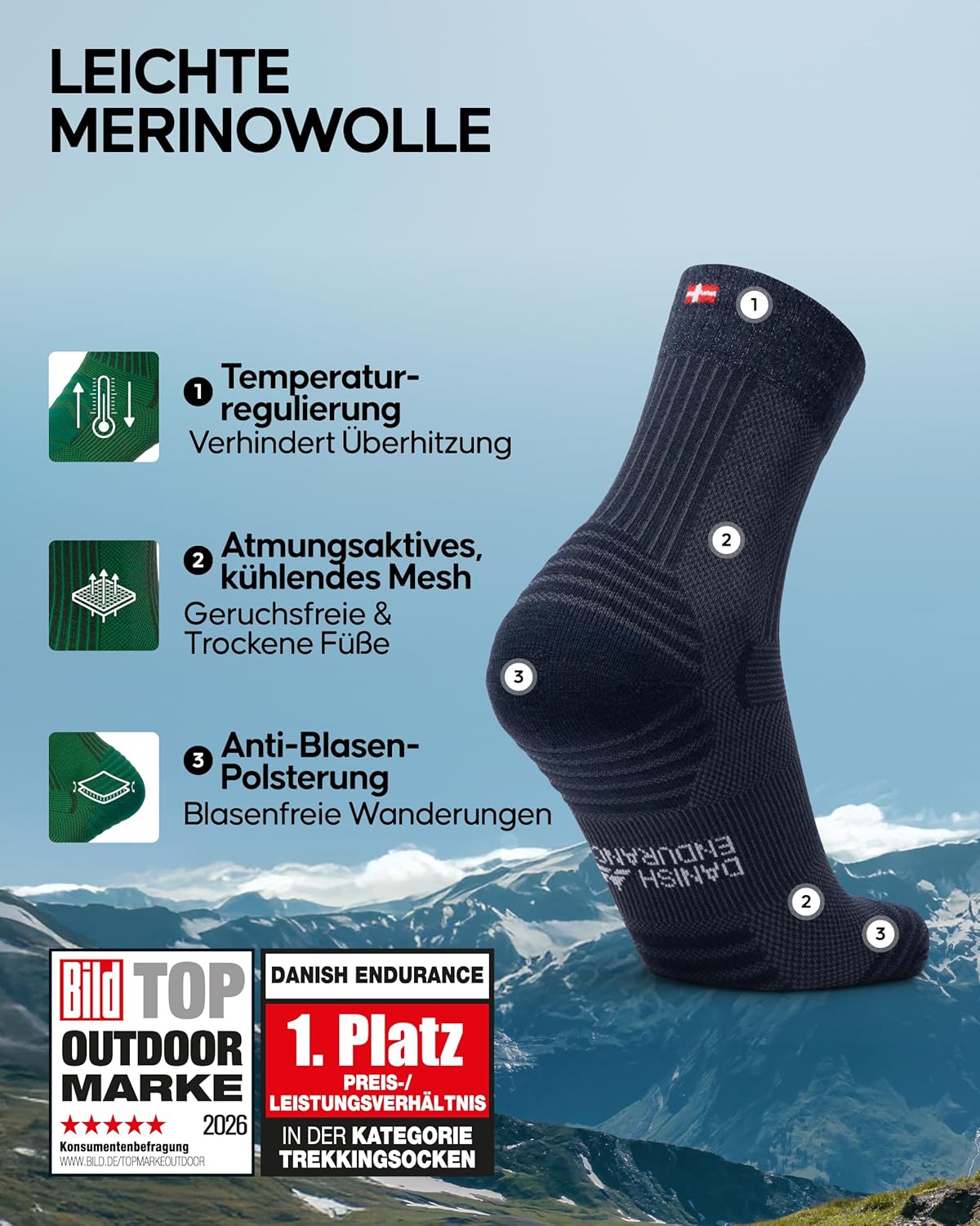 Thumbnail 1 de DANISH ENDURANCE Leichte Merino‑Wolle Wandersocken – Gepolstert, atmungsaktiv, Anti‑Blasen (Unisex, 3–5 Paar)