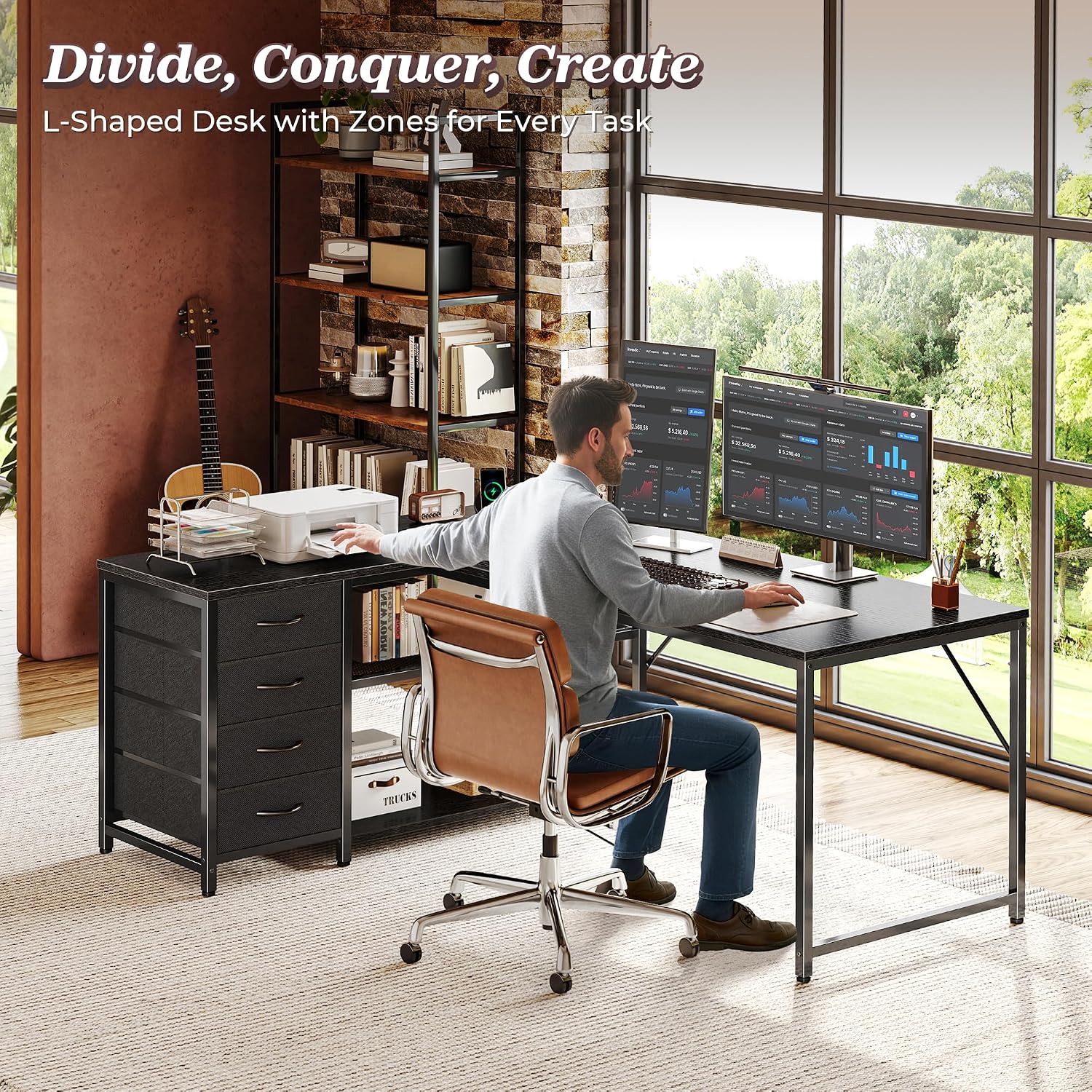 Thumbnail 2 de PRAISUN 53-Inch L-Shaped Desk with Power Outlets, 4 Drawers & Reversible Layout