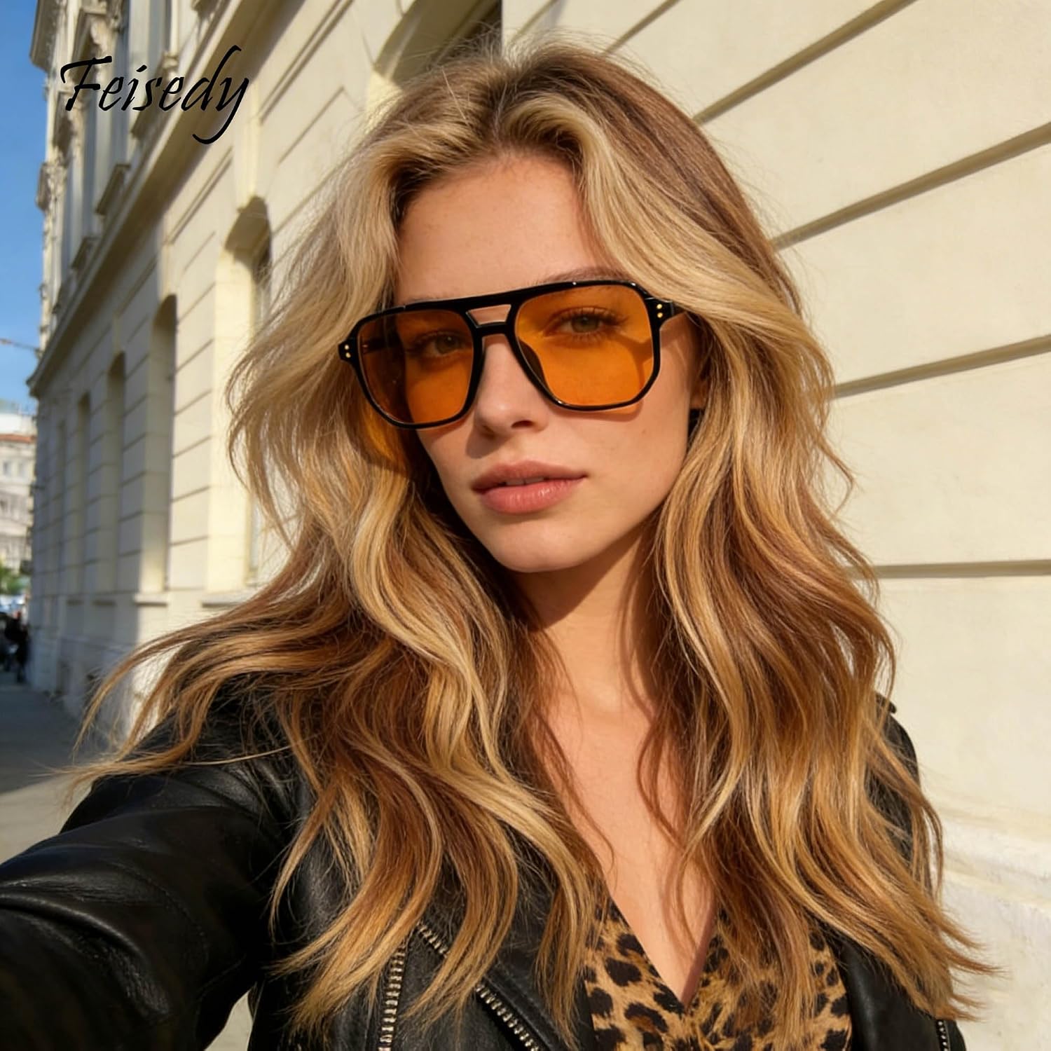 Detalle de FEISEDY Retro Square Sonnenbrille – Vintage 70er Stil, Doppelbrücke, UV400, unisex B2835