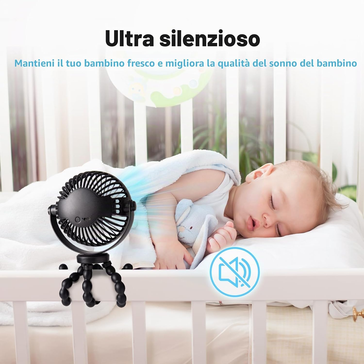 Detalle de PaPaFboy Ventilatore Portatile per Passeggino e Viaggi — Silenzioso, Ricaricabile 20 Ore, Rotazione a 360°