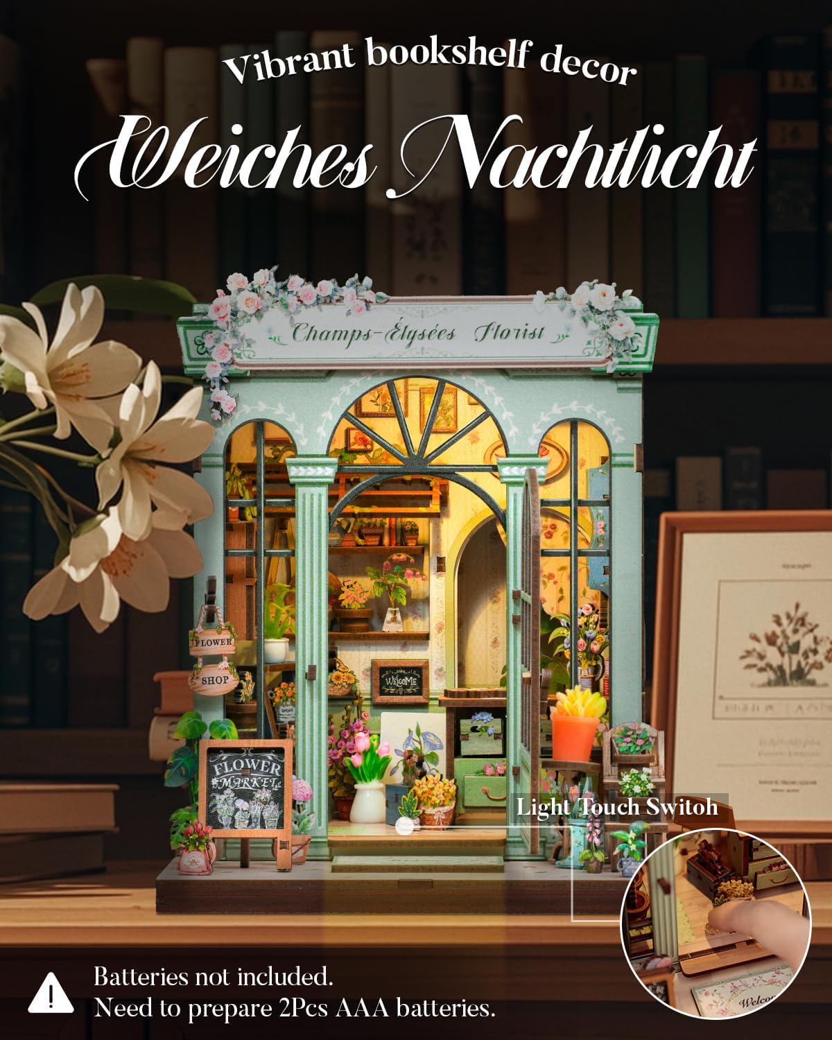 Detalle de Cutefun Book Nook „Champs-Élysées Florist“ – DIY Miniatur-Bausatz für Erwachsene (3D-Holzpuzzle)