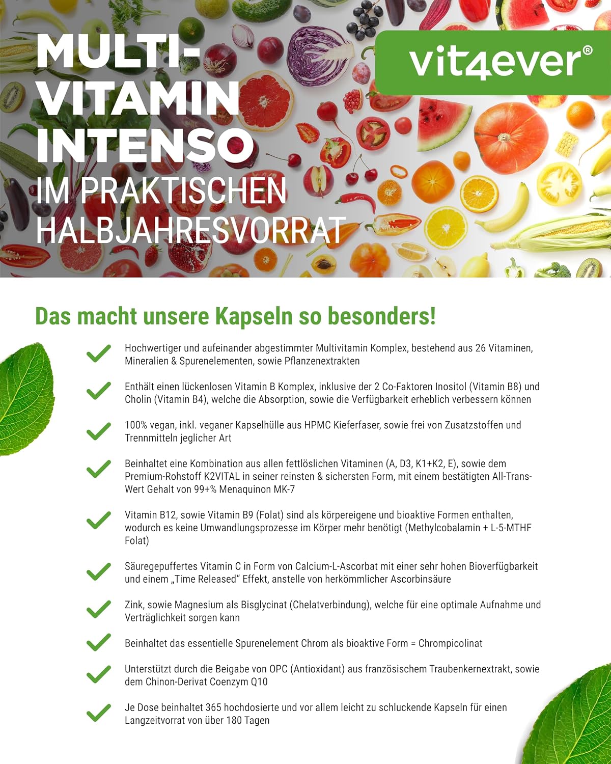 Detalle 2 de vit4ever Premium Multivitamin A-Z 365 Kapseln