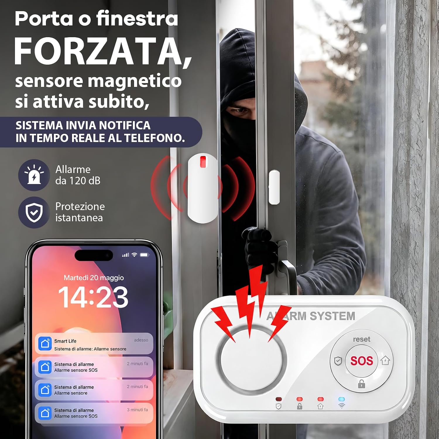 Detalle de YISEELE Allarme Casa Senza Fili con centrale 120 dB, 4 sensori e telecomando (compatibile Alexa e Google Home)