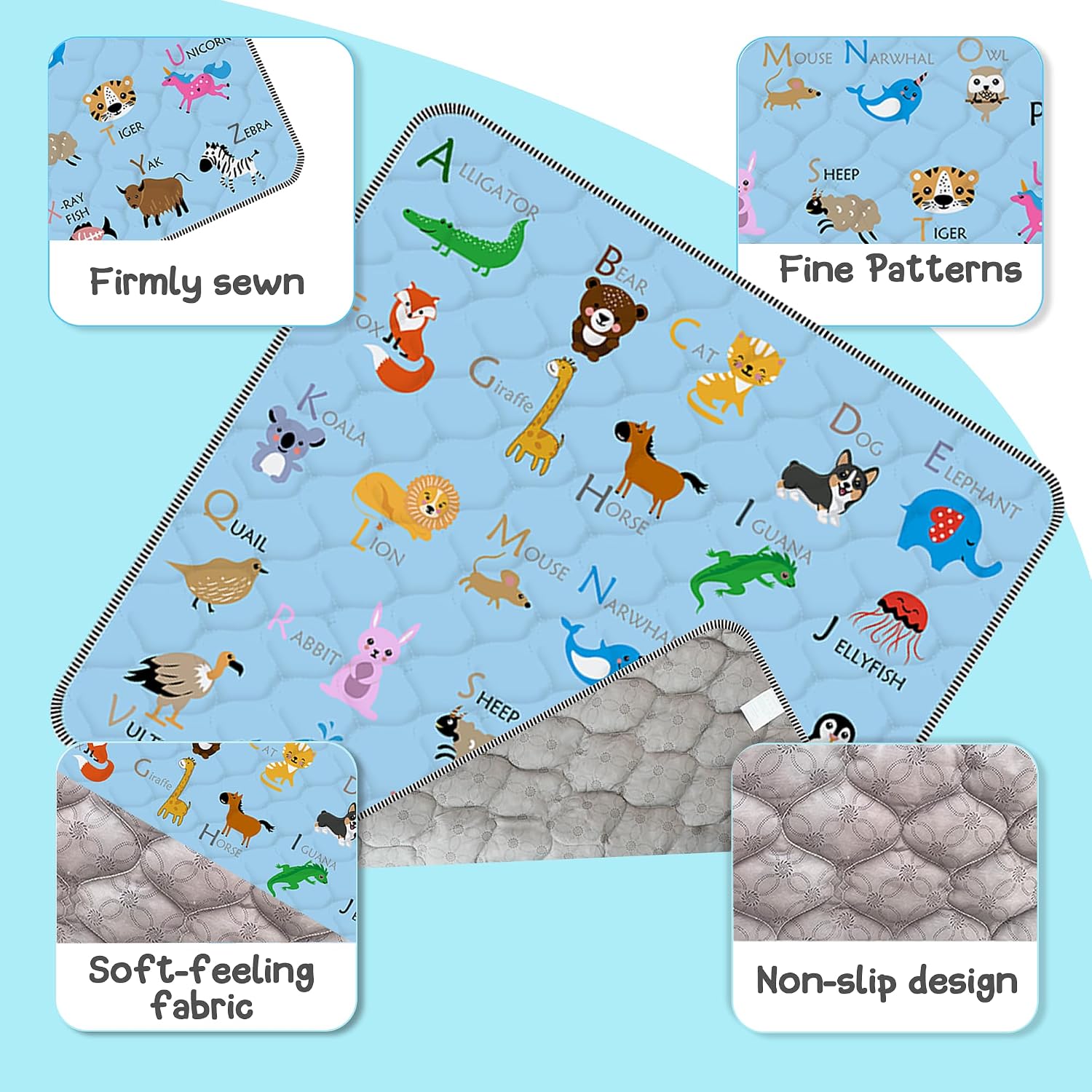 Detalle 2 de FUGWU 47" x 47" Baby Play Mat, Blue Animal Design, Foldable and Washable