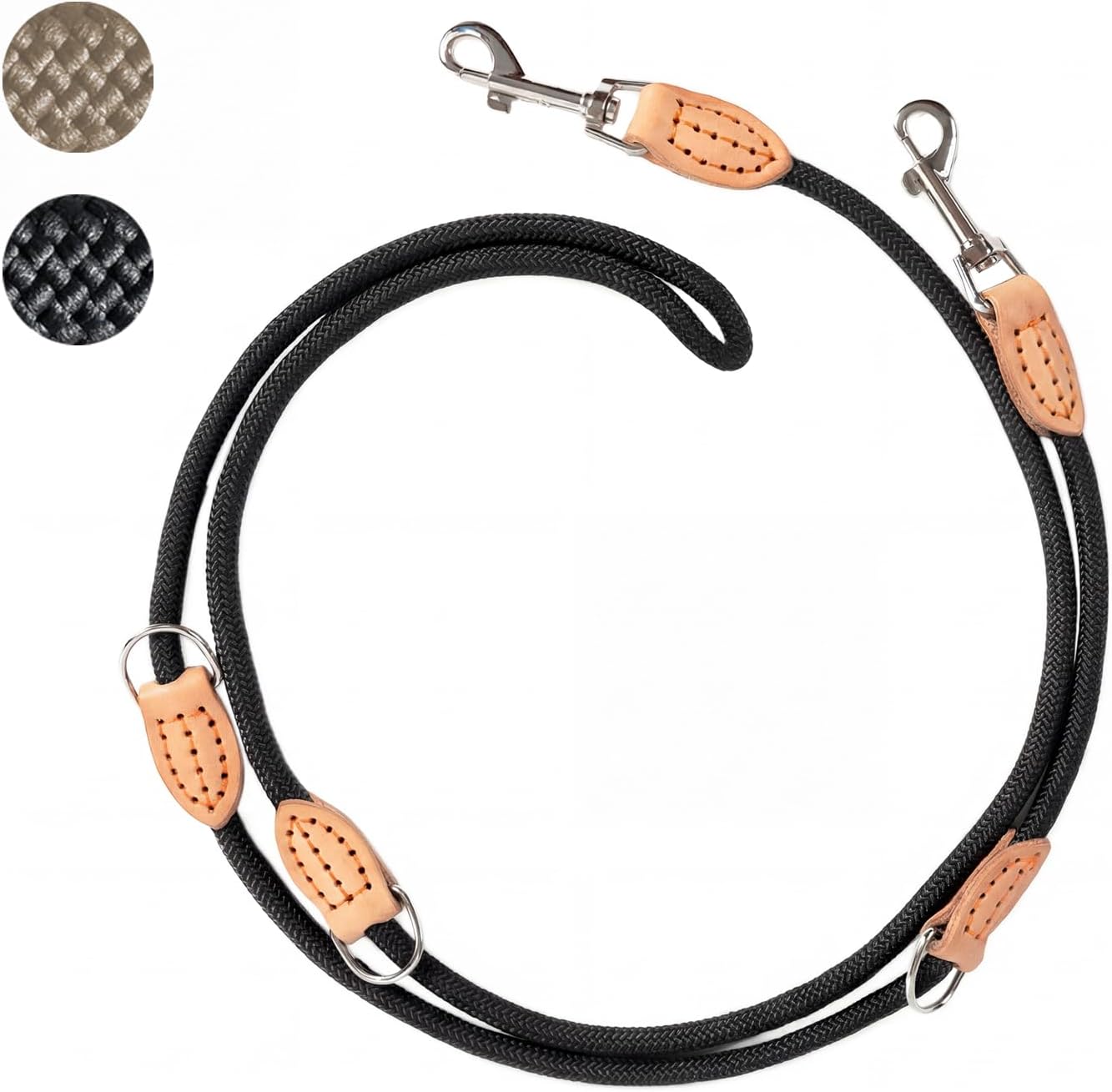 Detalle de LeileiPaws 3 m verstellbare Multifunktions-Hundeleine aus Nylon & Leder – Führ-, Schulter- & Hüftleine (Schwarz, 2 m x 0,8 cm)