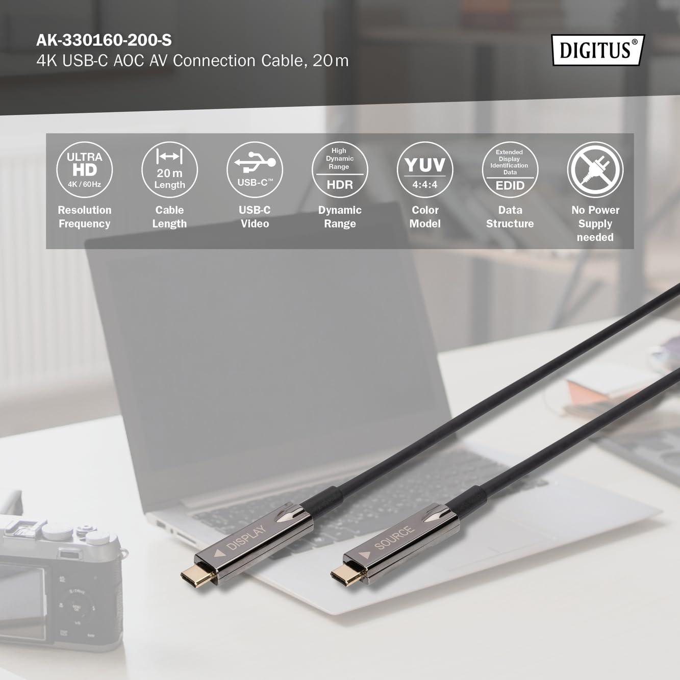 Detalle de DIGITUS kabel światłowodowy USB-C 20 m, 4K 60 Hz, DisplayPort 1.2