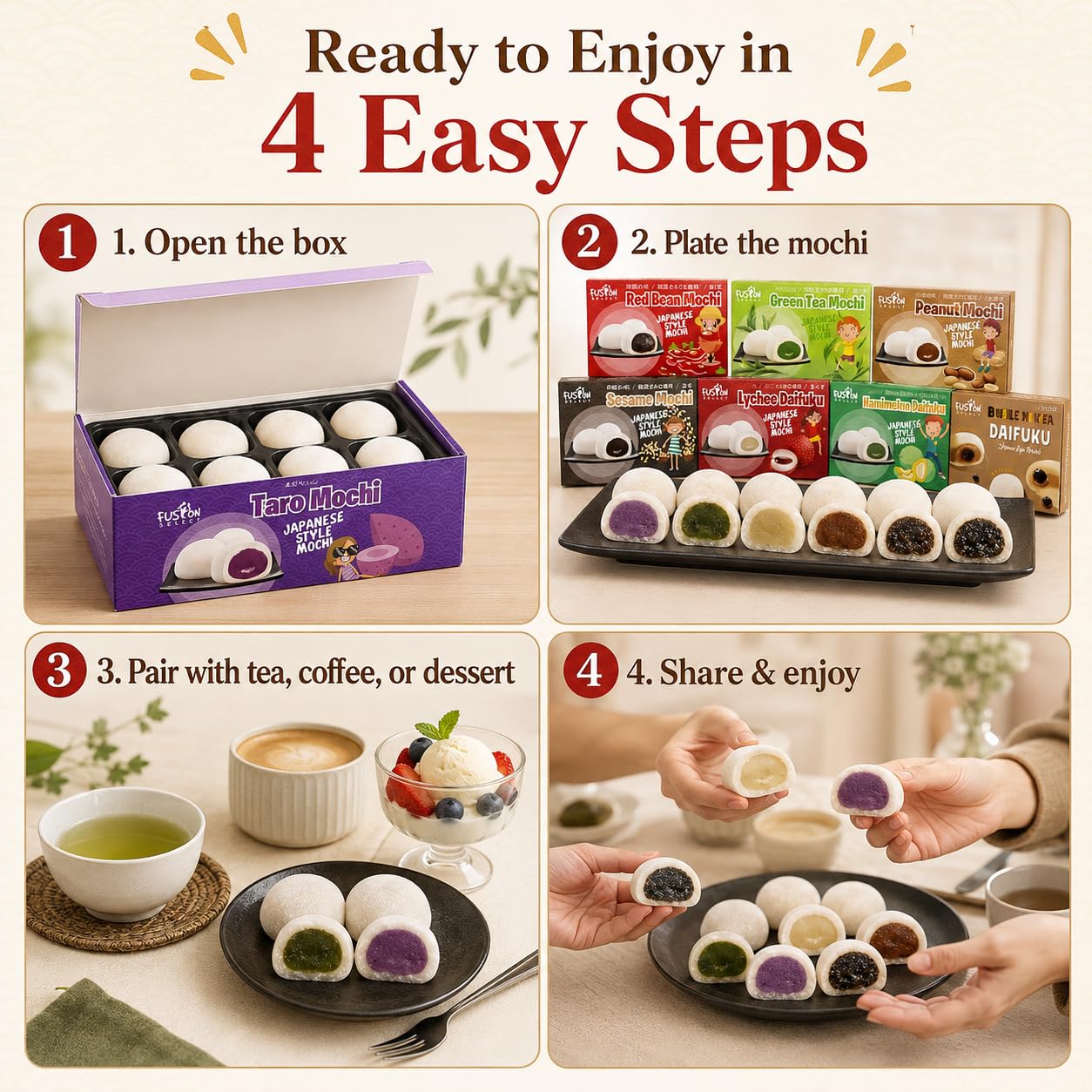 Detalle de Fusion Select Japanese Mochi 8-Flavor Variety Pack, Sweet-Filled Assortment