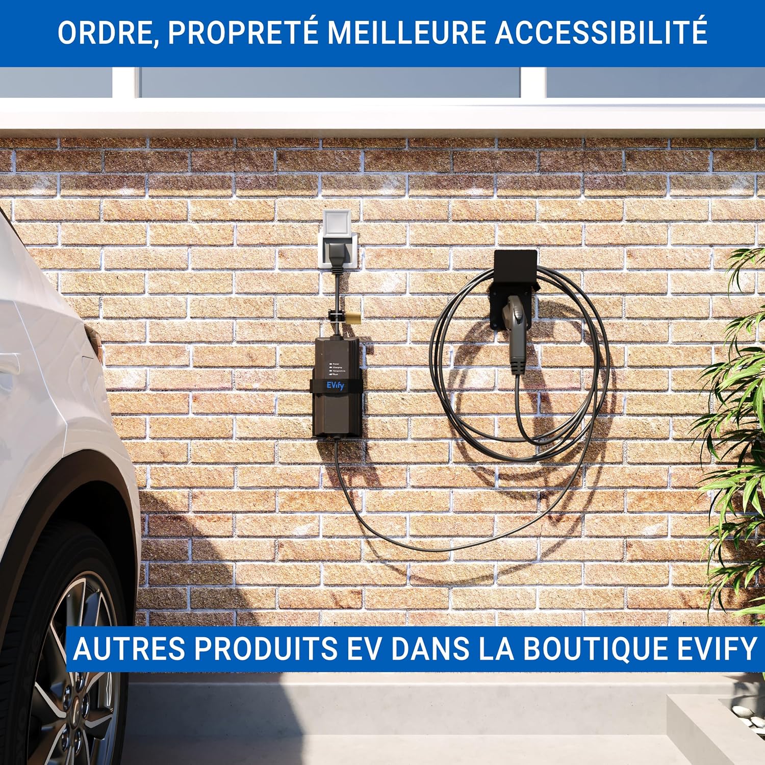 Detalle de Support mural EVify Type 2 pour chargeur Schuko (accommodement câble en acier inoxydable) – compatible Juice Booster & NRGkick