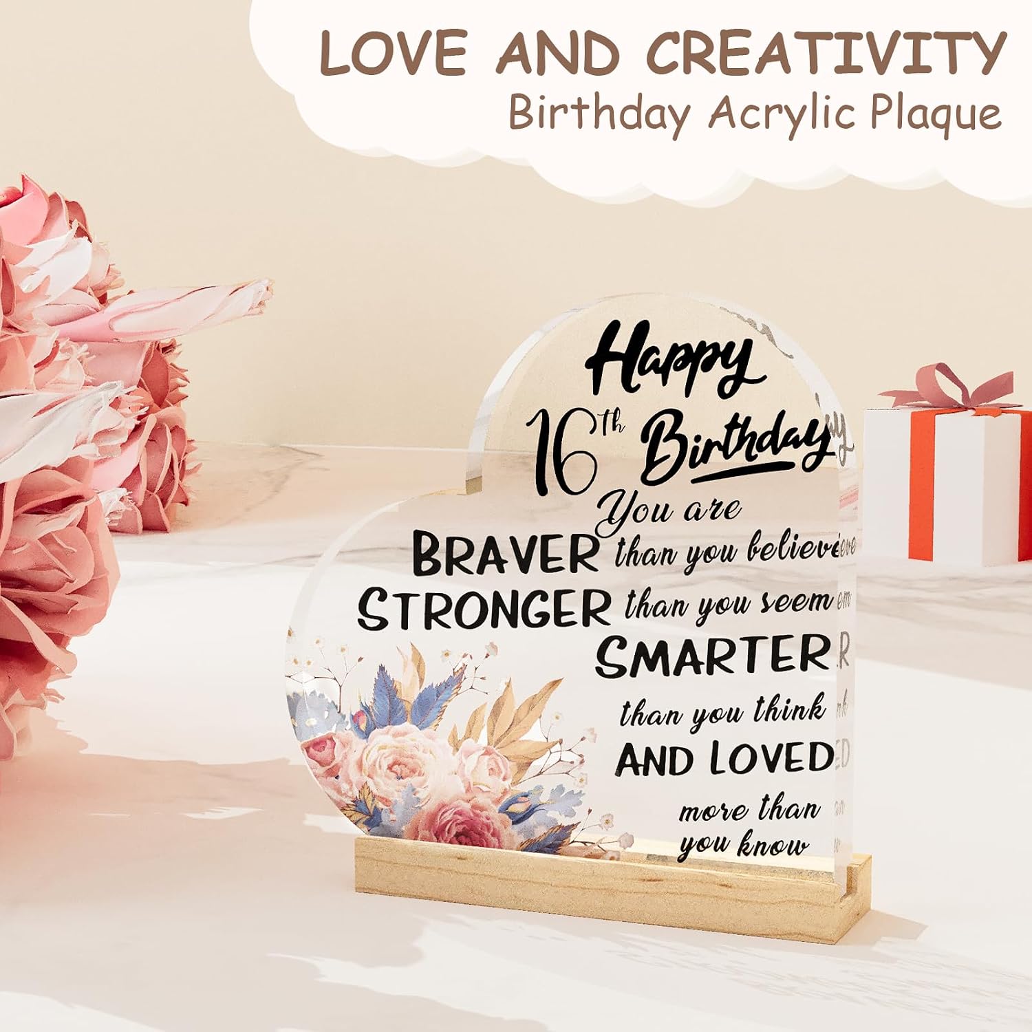 Detalle de SZXYCZL 16th Birthday Heart-Shaped Acrylic Plaque with Wooden Stand