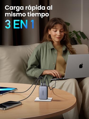 Detalle de UGREEN Nexode 100W: cargador USB-C GaN con 3 puertos para cargar portátil, móvil y tablet al mismo tiempo