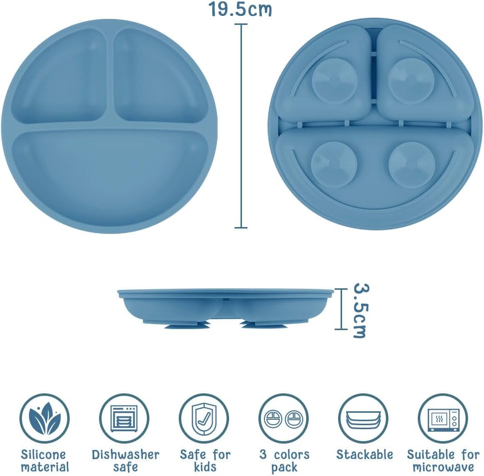 Thumbnail 1 de Vicloon Baby Suction Plate 3-Pack: Silicone Divided Dishes for Self-Feeding (Blue/Pink/Beige)