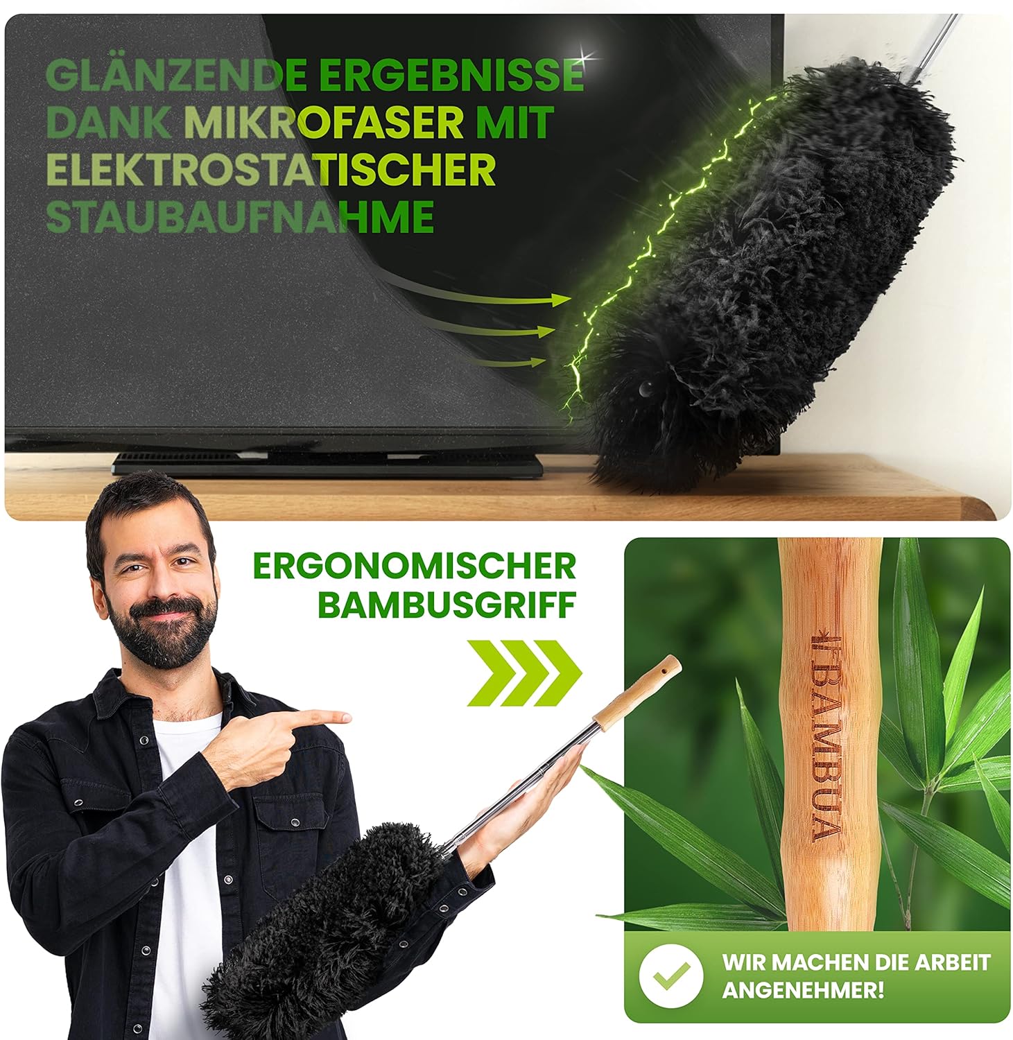 Thumbnail 3 de BAMBUA Staubwedel Teleskop (100% plastikfrei) mit Mikrofaser – Bambusgriff, bis 240 cm