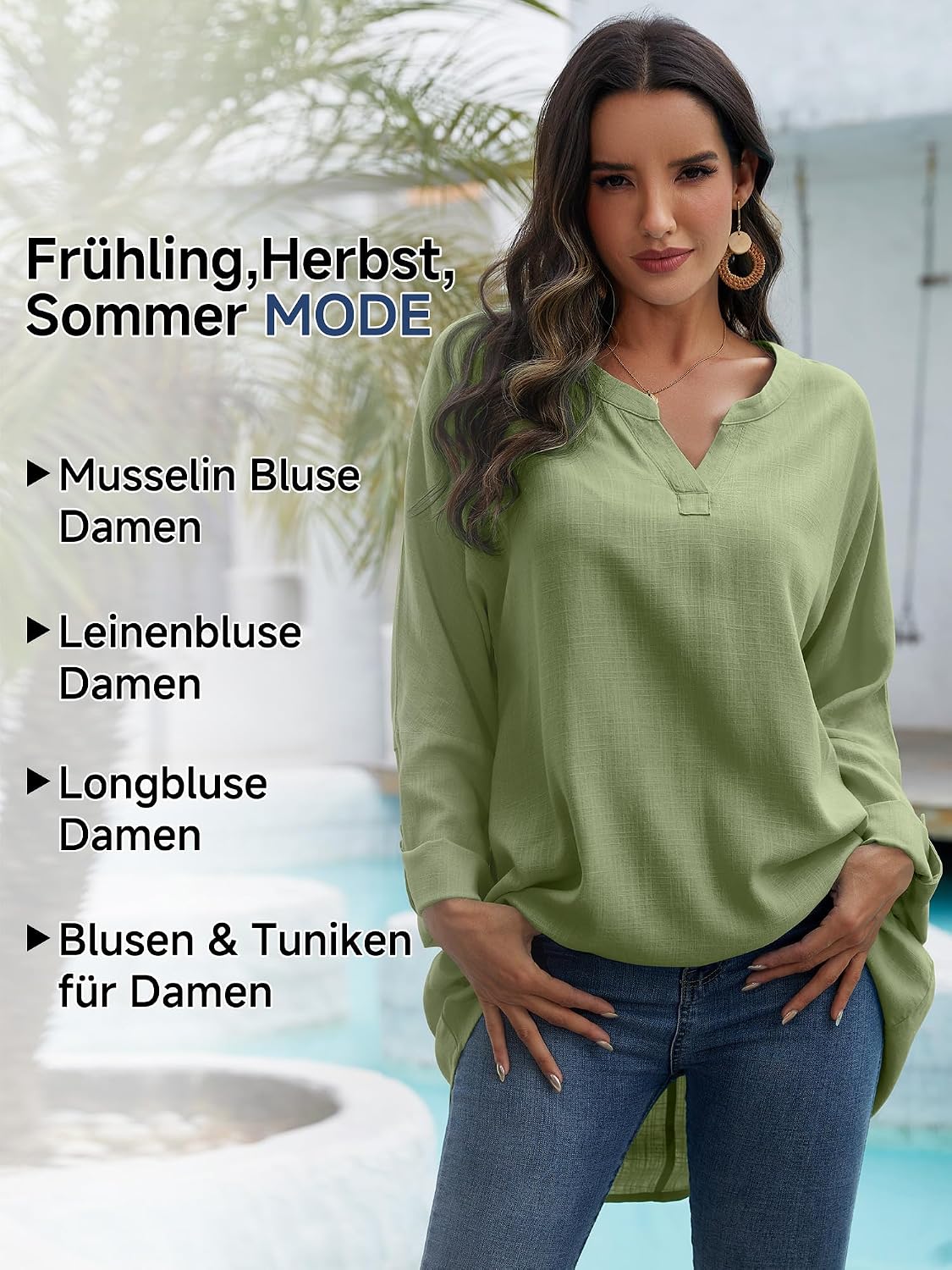 Detalle de Leinenbluse Damen Musselin: Sommer-Tunika mit V-Ausschnitt (60% Leinen + 40% Rayon)