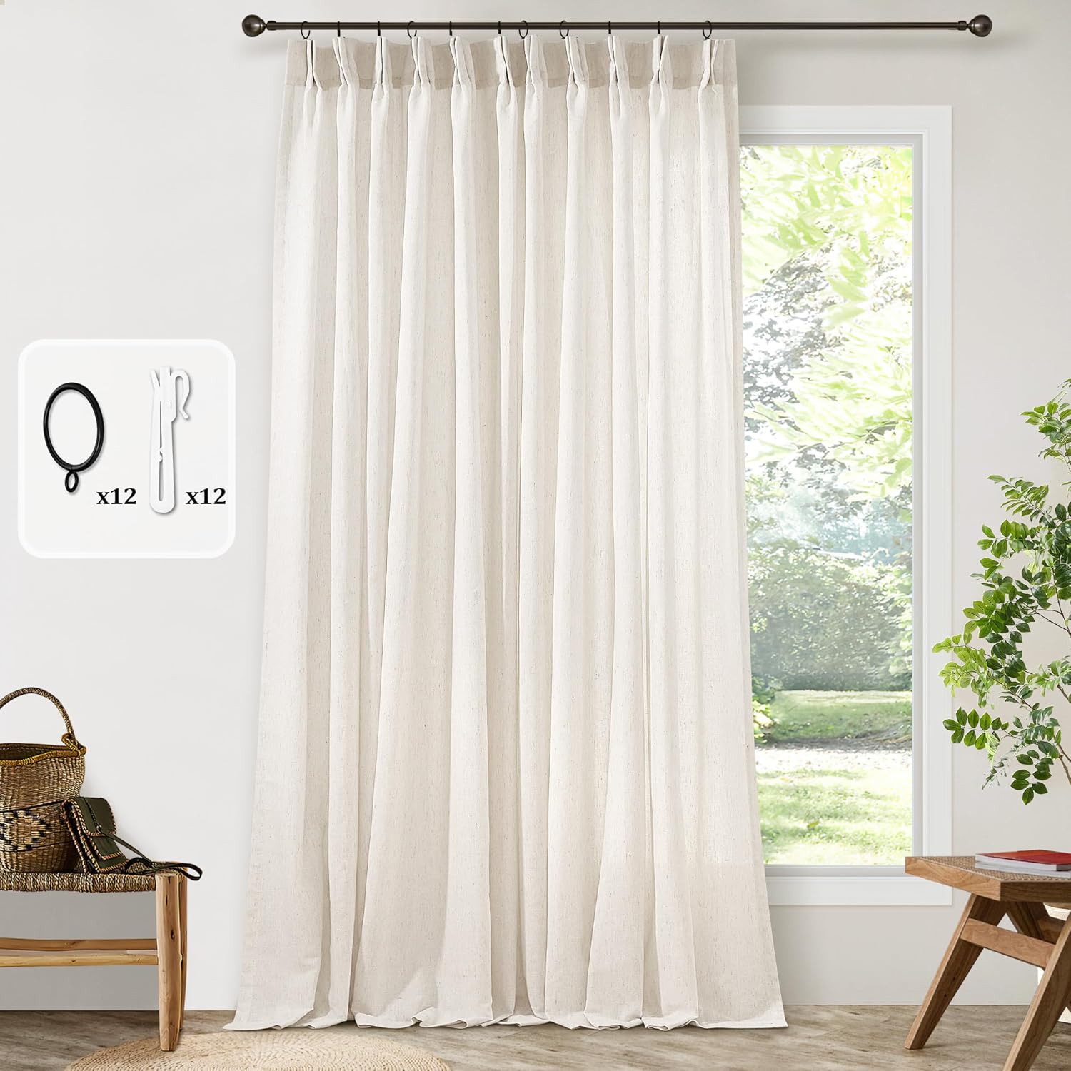 Thumbnail 6 de Dukiyo Pinch Pleated Curtain 72" Wide x 90" Long Cream Ivory Linen Drapes for Patio Sliding Glass Door