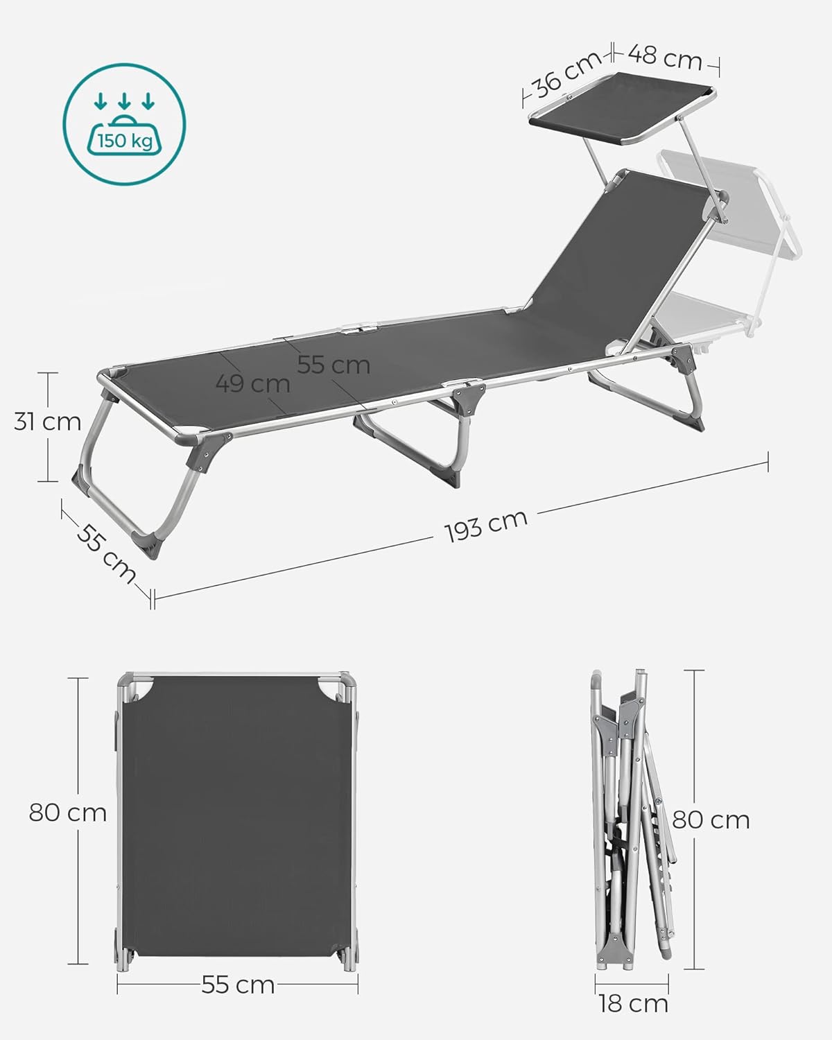 Thumbnail 2 de SONGMICS Sonnenliege mit Dach GCB19GYV1 – Aluminium, verstellbare Rückenlehne, klappbar (bis 150 kg)