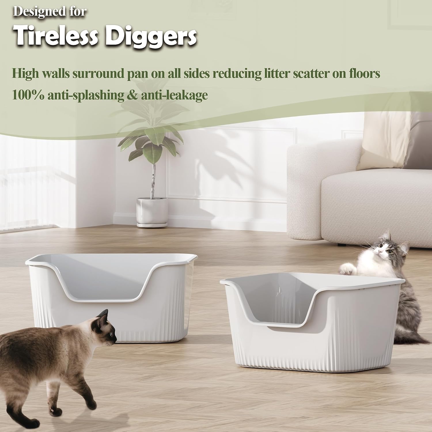 Detalle 2 de Vealind Cat Litter Tray High Sided with Side Entry (2 Pack) with Scoop – Deep, Anti-splash kitten litter box