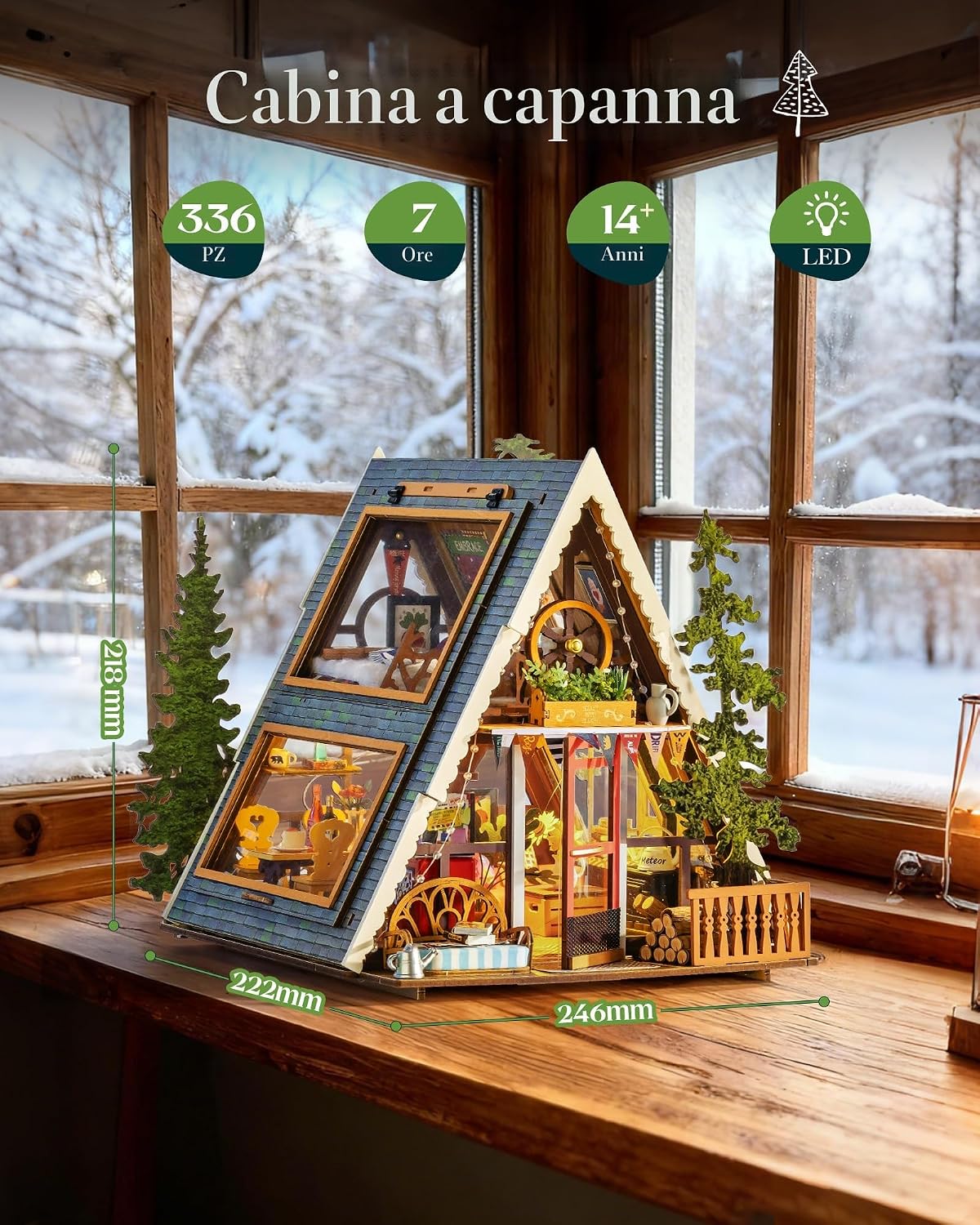 Detalle 2 de Rolife Casa delle Bambole Cabina A-Frame in Legno (Modello Miniatura) con Finiture Naturali e Illuminazione LED
