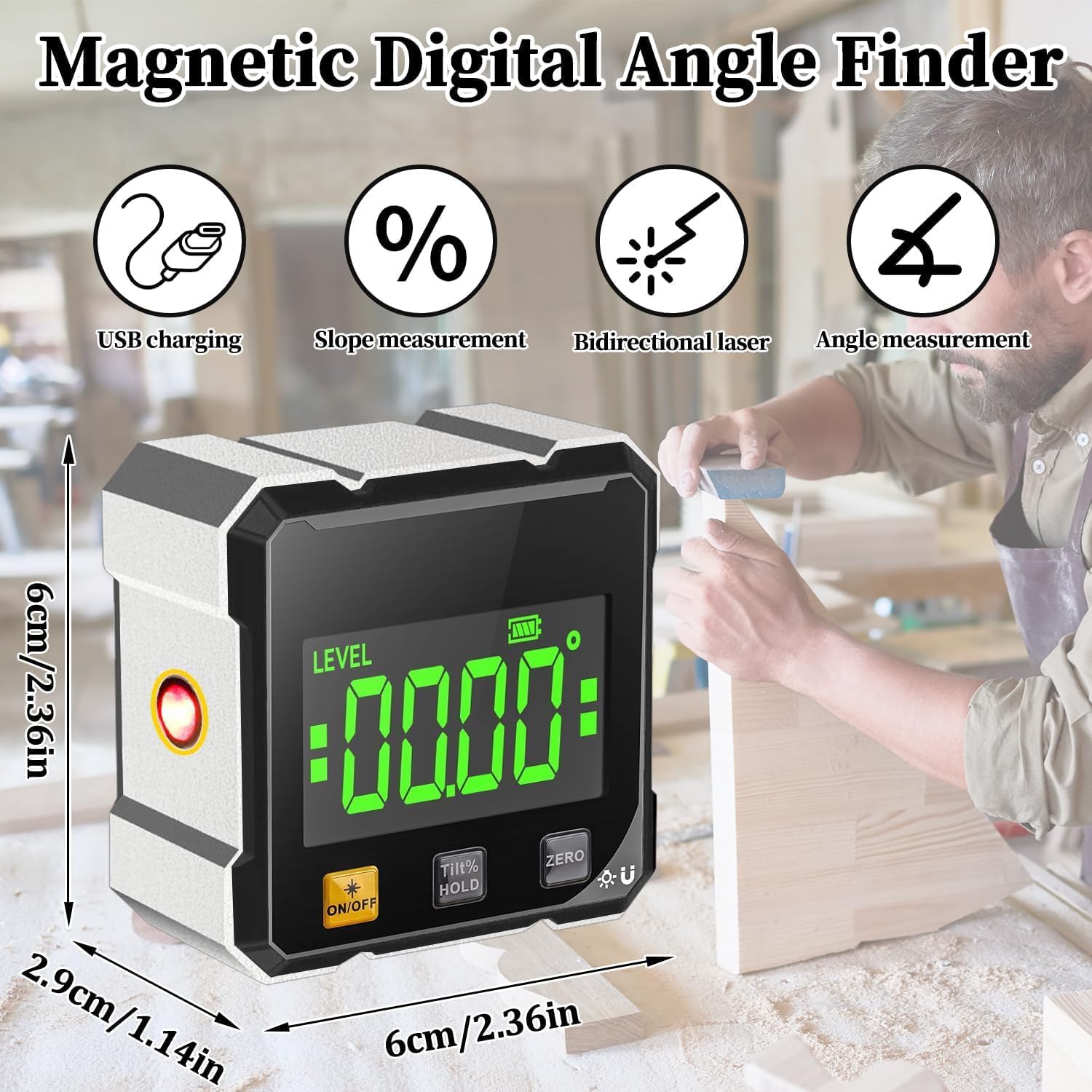 Thumbnail 6 de 4-seitiger magnetischer digitaler Winkelmesser mit Laser und ±0,2° Präzision (IP54) – Neigungsmesser mit LCD für Bau, Maschinen & DIY