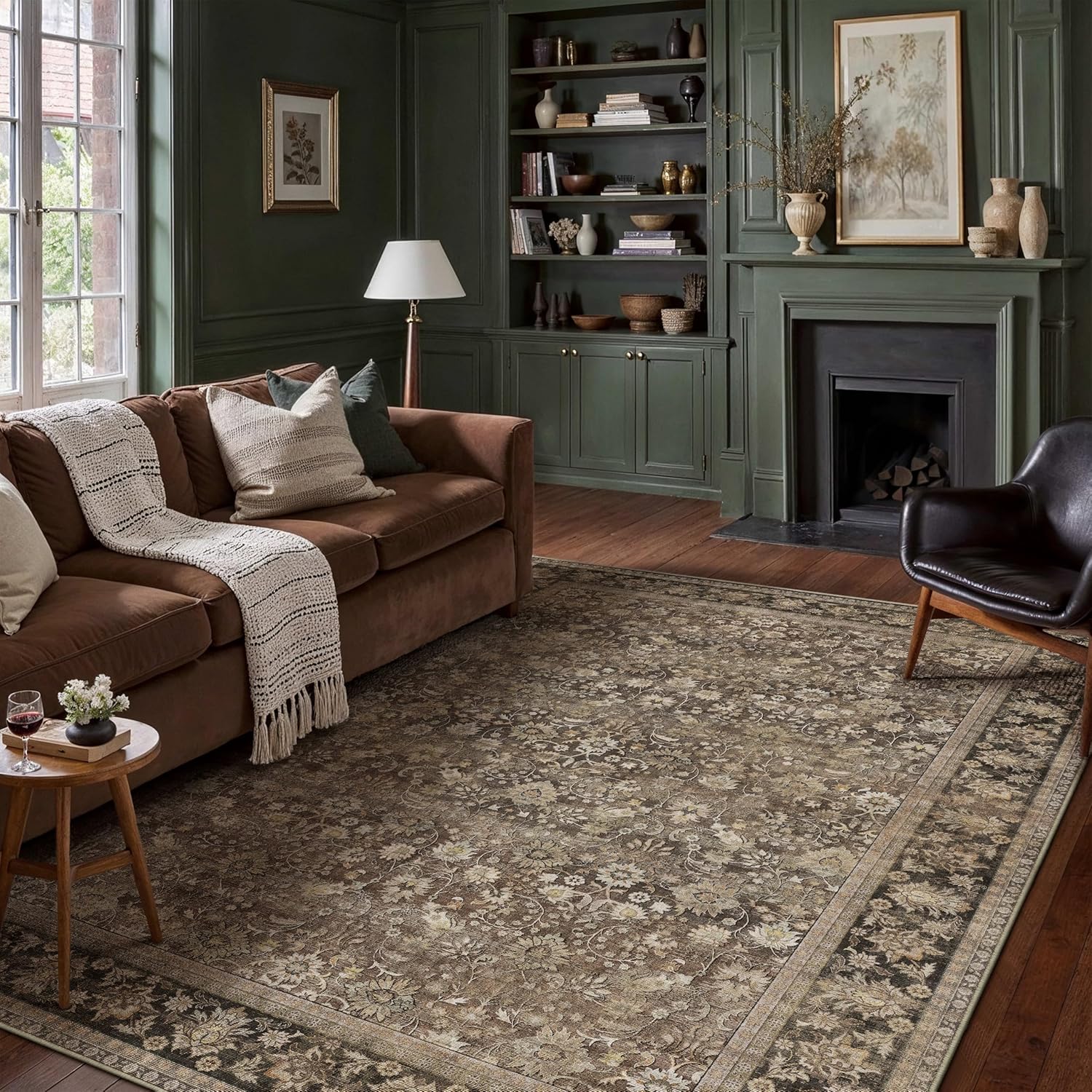 Detalle de HUGEAR 8x10 Brown Floral Area Rug, Machine Washable 🏡