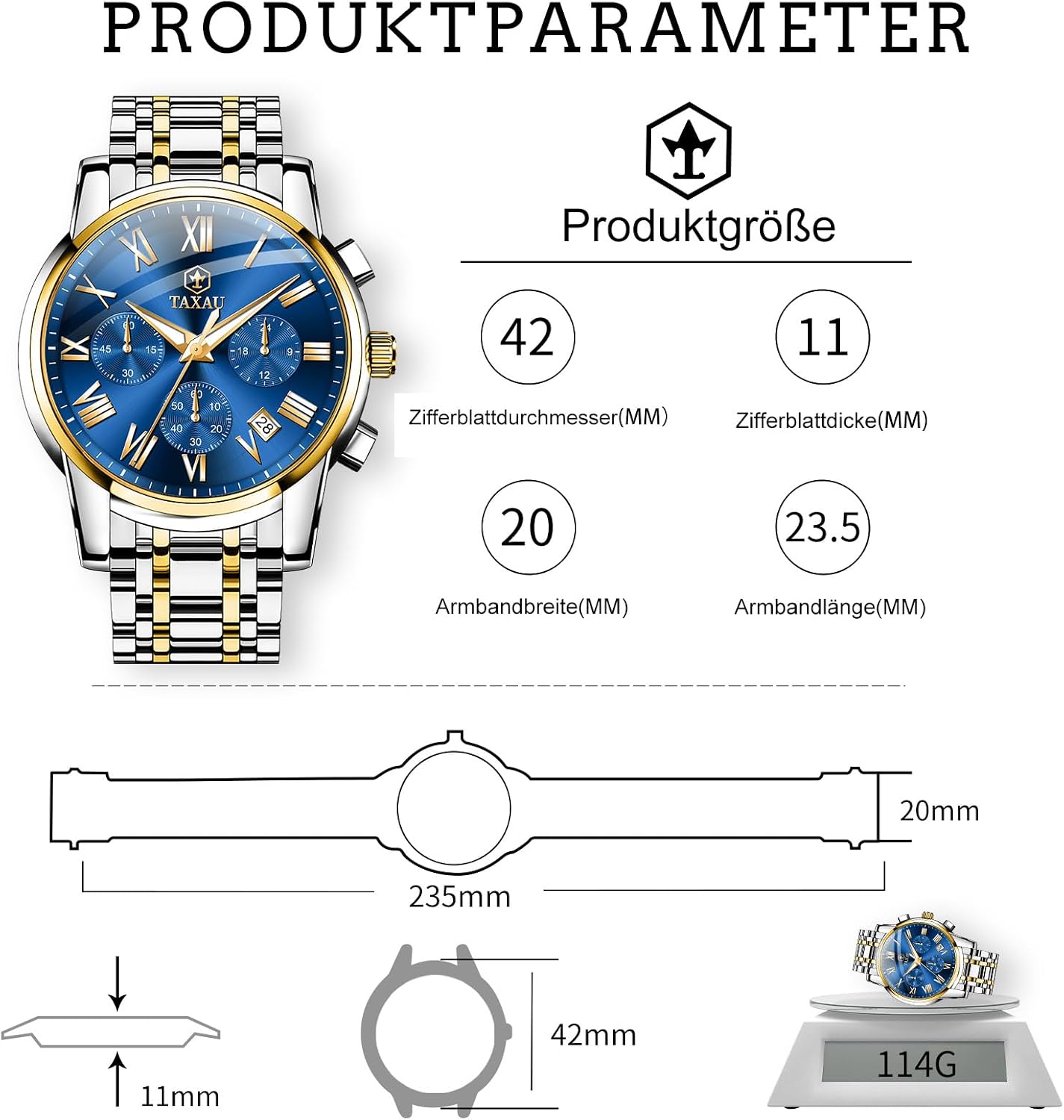 Thumbnail 3 de Taxau Multifunktionsuhr für Männer aus Edelstahl mit Chronograph, römischem Zifferblatt und Datum