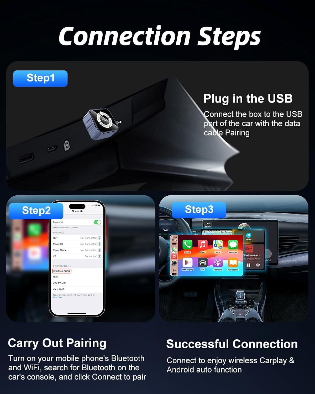 Detalle de nilic Wireless CarPlay & Android Auto Adapter 2 in 1 (USB Plug & Play, Wireless upgrade for wired systems from 2017+) – Not for BMW