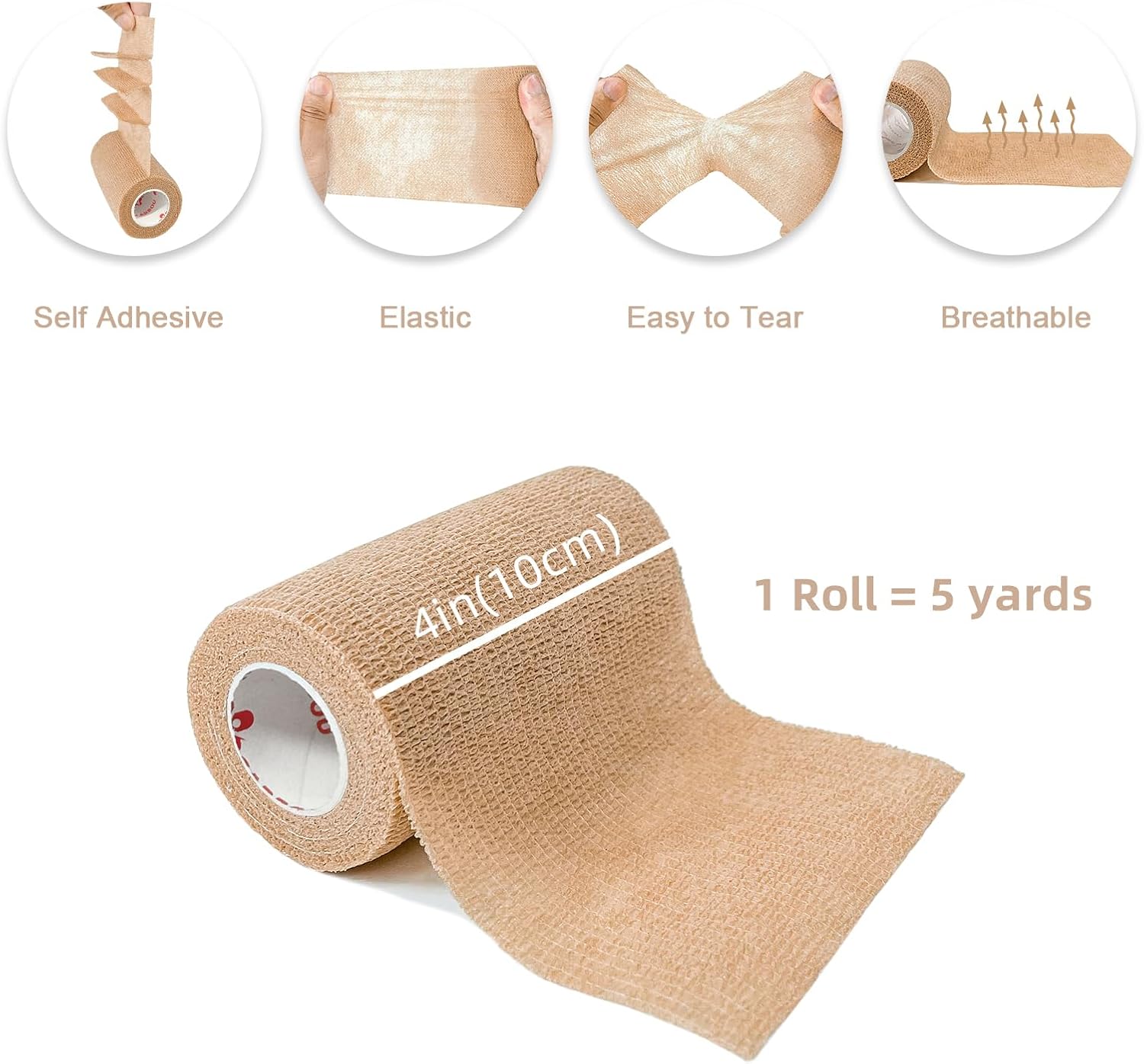 Detalle 2 de CARBOU Self-Adhesive Cohesive Bandage Wrap, Beige, 8-Pack, 4 in x 5 yd