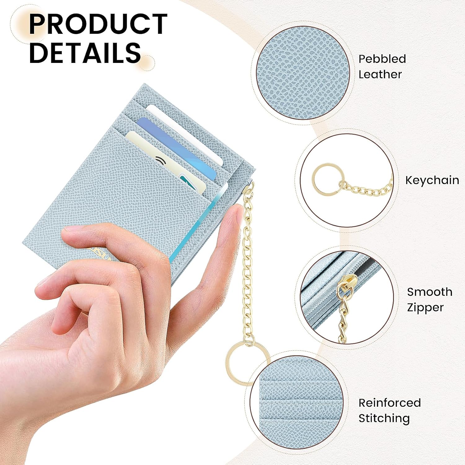 Detalle 2 de Mirevelle Slim Kartenetui mit Keychain – Minimalistischer Kartenhalter mit Reißverschluss, 6 Fächer, Ausweisfenster & Münzfach