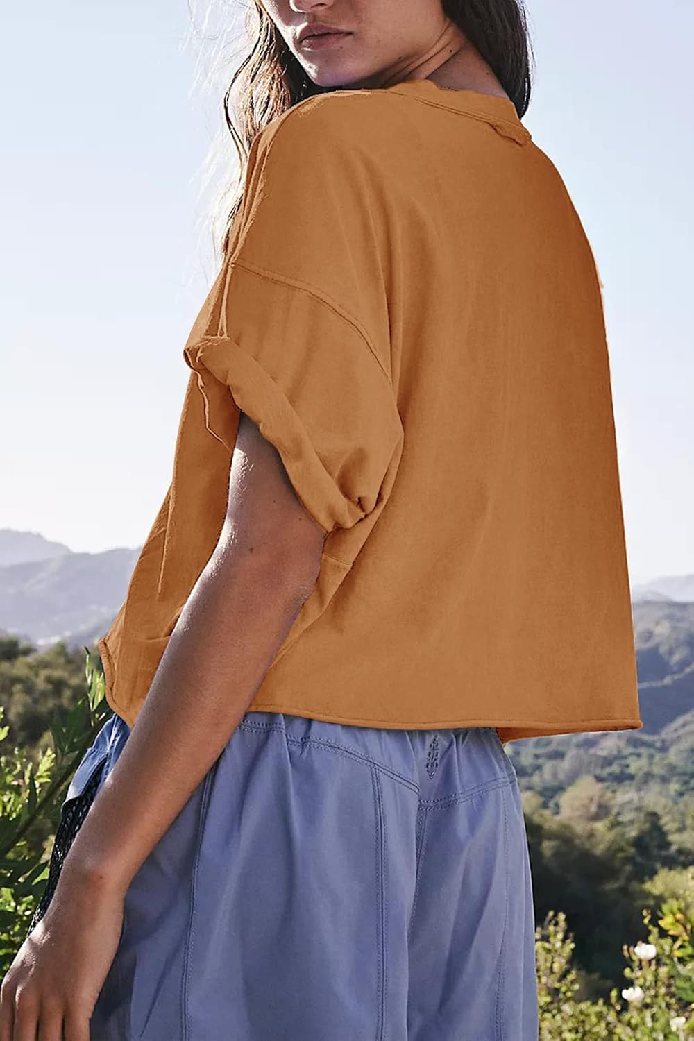 Detalle de Women's Oversize Workout Crop Tops Roll Hem Basic Loose Yoga Tee