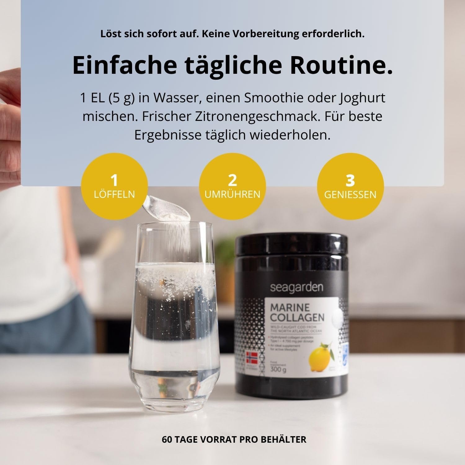 Detalle de Seagarden Marine Collagen Pulver – Reines Typ 1 Kollagen aus wildem Kabeljau, Zitronengeschmack, 300 г (60 Portionen)