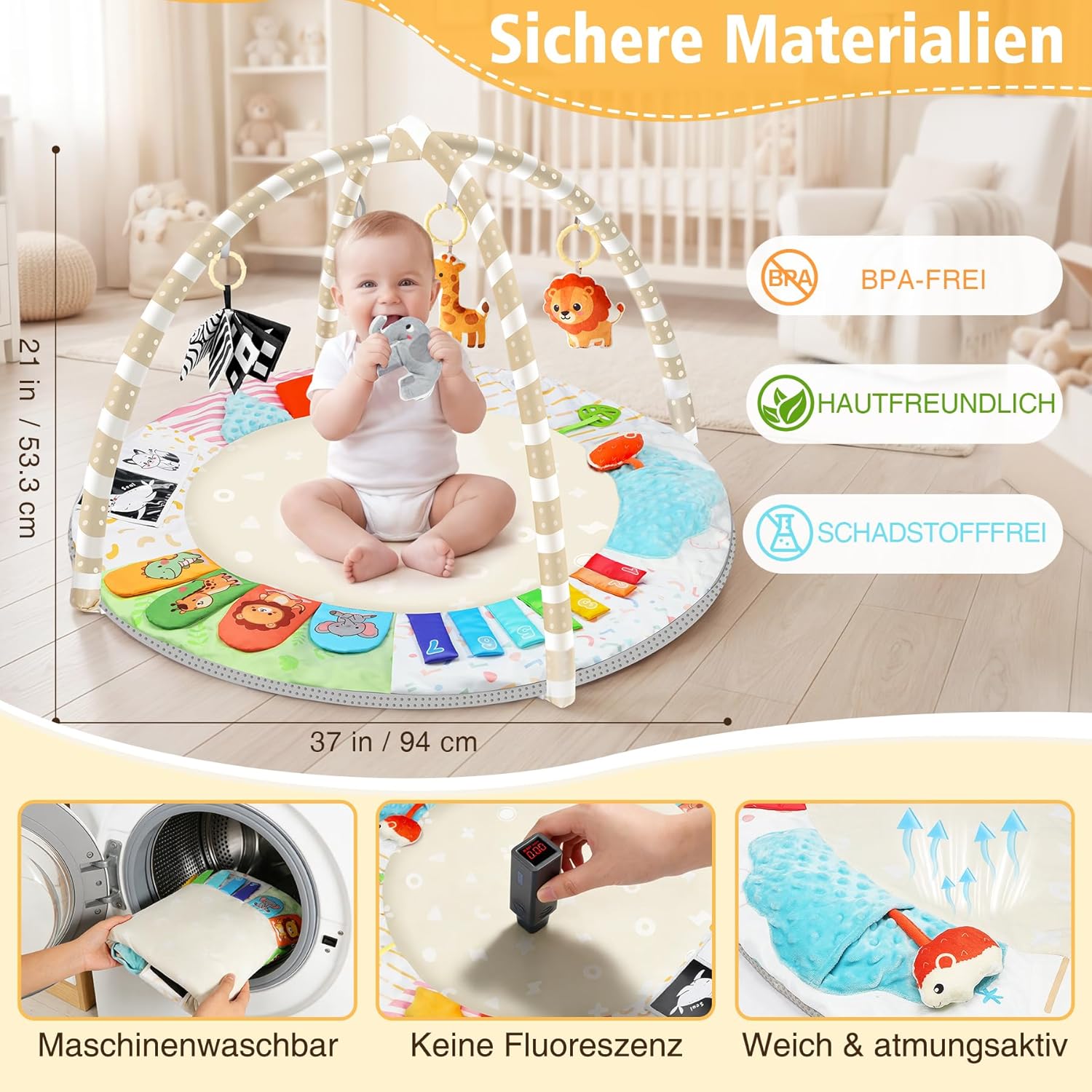 Thumbnail 4 de URMYWO Spielbogen Baby-Krabbeldecke mit 5 abnehmbaren Spielzeugen und 6 Entwicklungsregionen