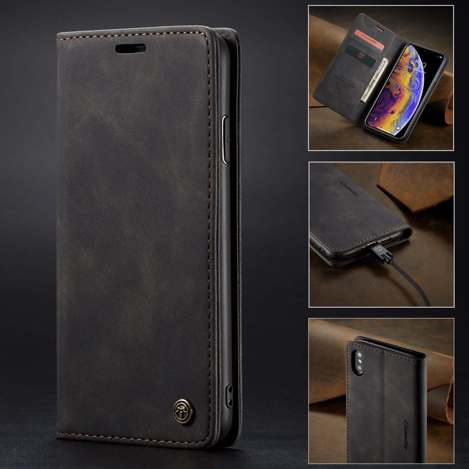 Thumbnail 5 de owlhold Klapphülle für iPhone X/XS – Premium PU Lederhülle mit Kartenfach, Standfunktion, Schwarz