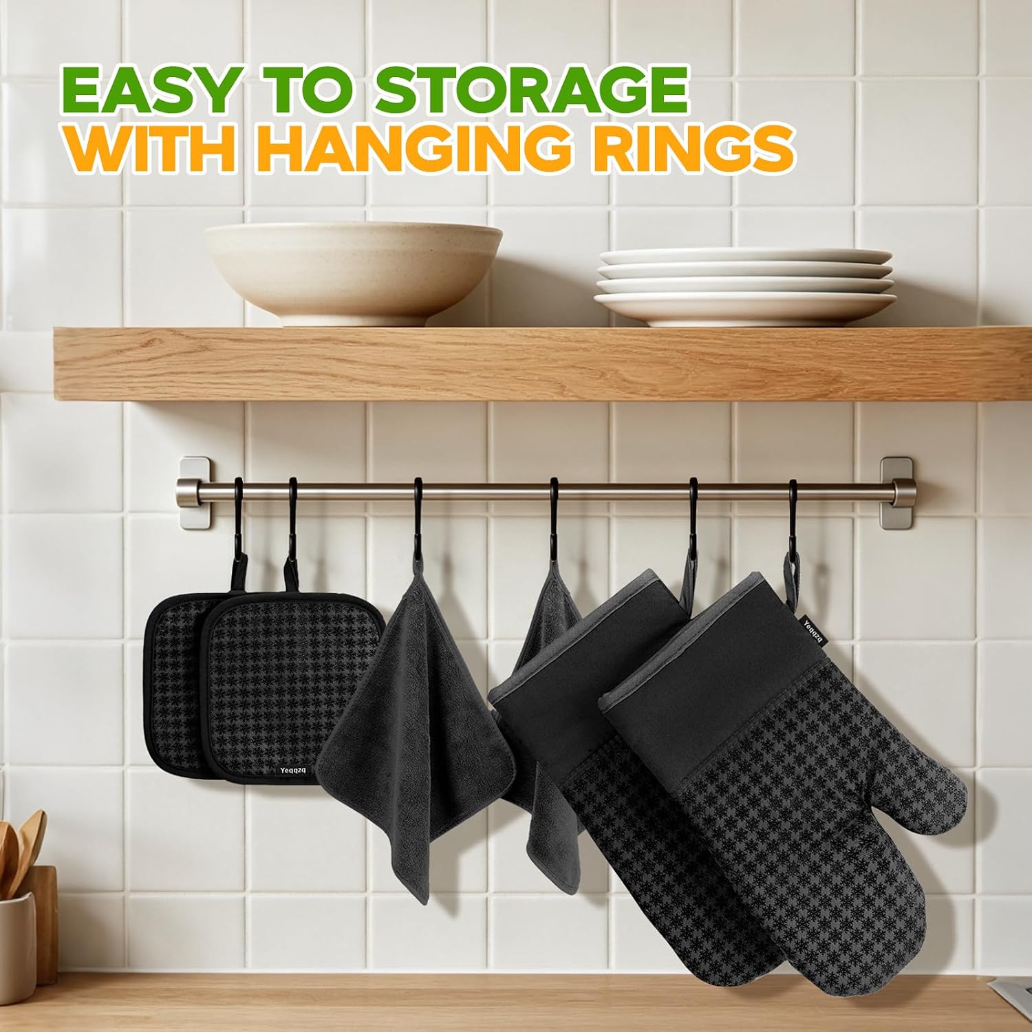 Detalle 2 de Yeqqzq 6-piece oven mitts and pot holders set with non-slip silicone, extra-long gloves (black)