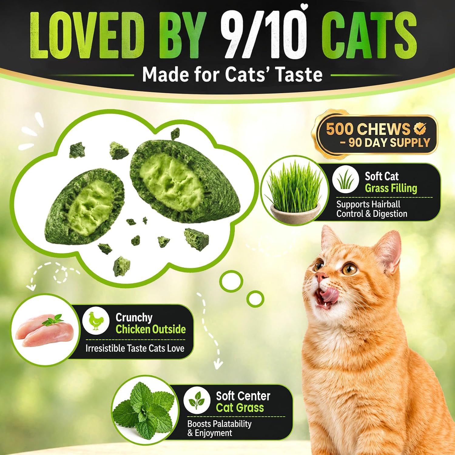 Detalle de Dolean A2-CW-095 Cat Grass Chews, 500-Count Chicken Hairball Treats