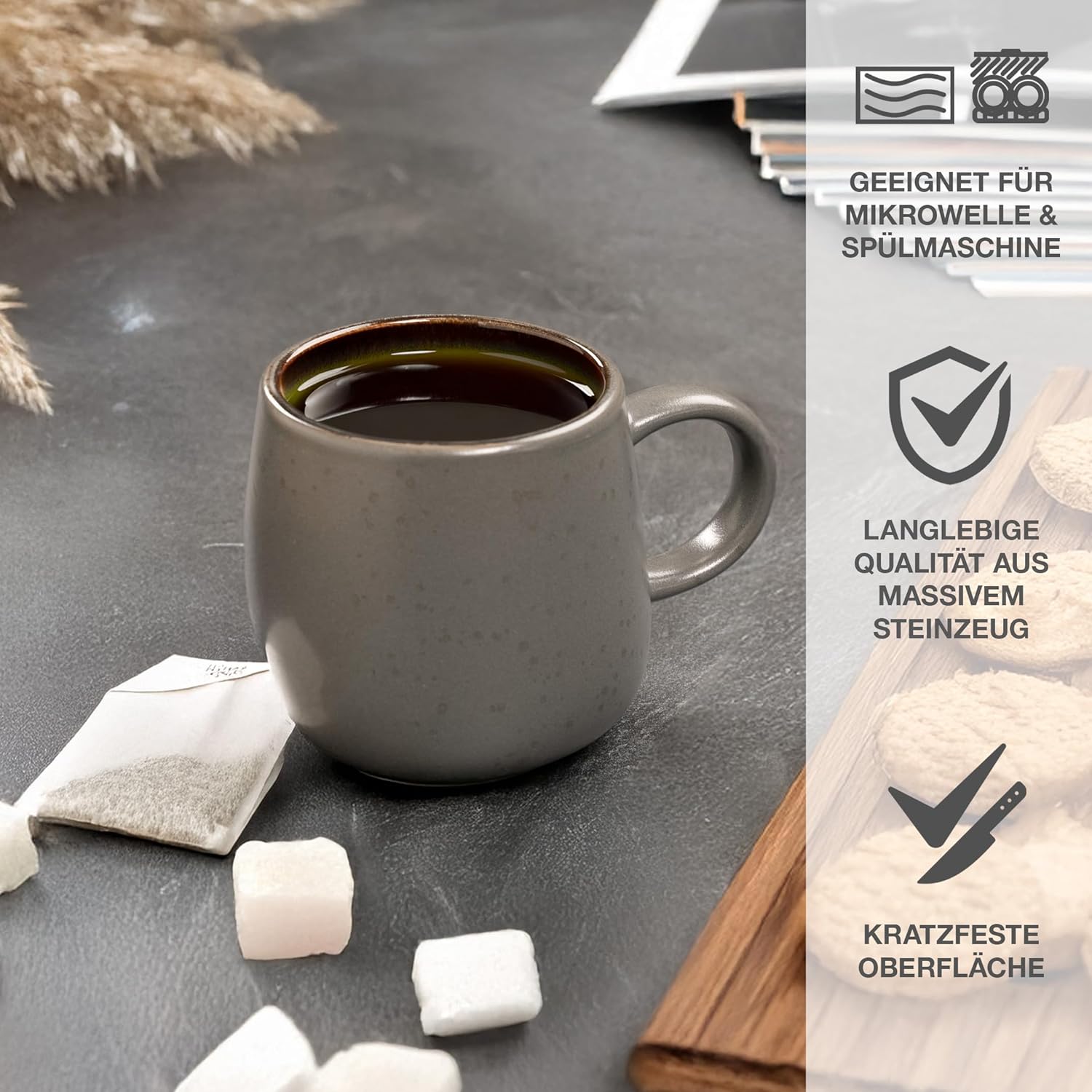 Thumbnail 2 de Moritz & Moritz SOLID 6er Tassen-Set Grau/Beige (Steinzeug) – 400 ml, mikrowellen- & spülmaschinenfest