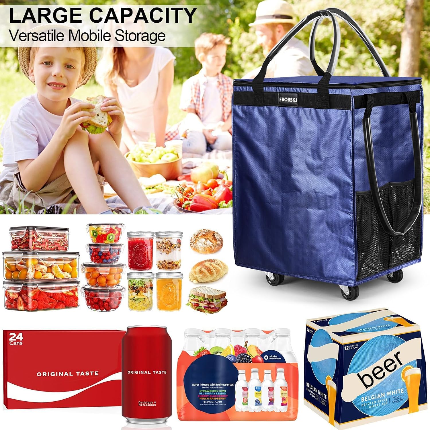 Thumbnail 3 de Medium Navy Reusable Grocery Bag on Wheels, 70L Foldable Rolling Tote with 4 Heavy-Duty Wheels