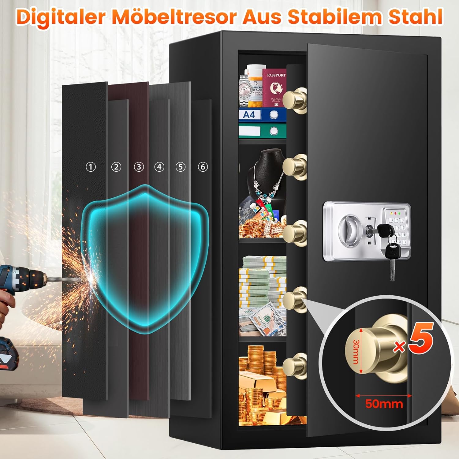 Detalle 2 de Mejasg Extra Großer Safe 102L: feuerfester Möbeltresor mit Alarmanlage, Dokumententasche und 3 herausnehmbaren Regalfächern