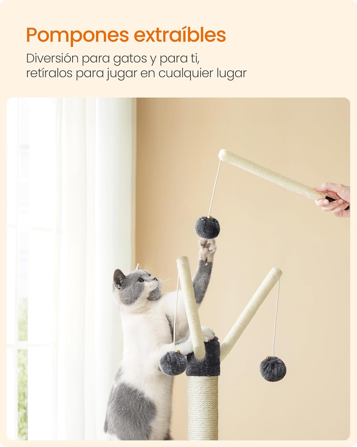 Detalle de Feandrea PCT143G01 árbol de gatos gris ahumado con torre de juegos y cueva de felpa