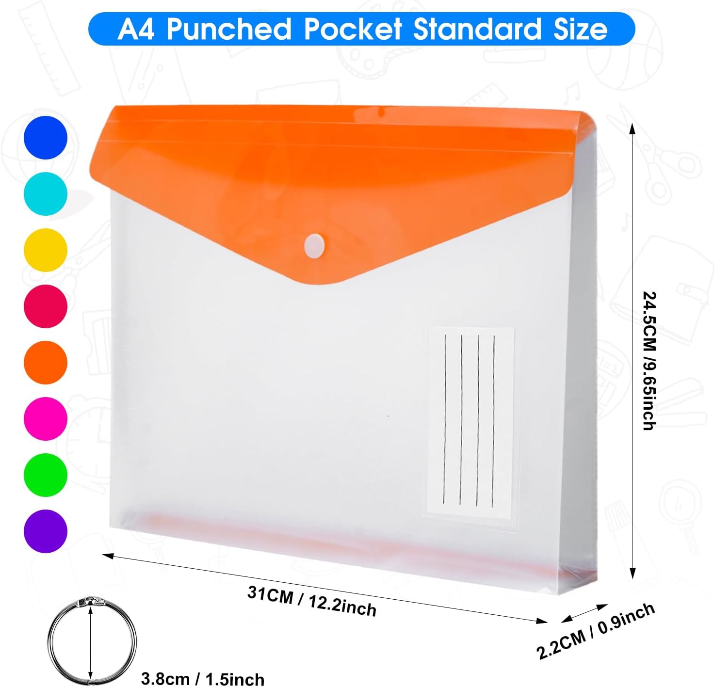 Thumbnail 1 de SdreMelo 16-pack A4 punched expandable plastic pockets with snap, 8 colours (5 binder rings included)