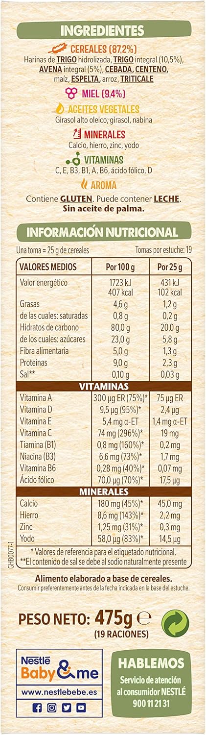 Detalle 2 de Nestlé Papilla 8 Cereales con Miel, Pack 6 x 475g 🍯