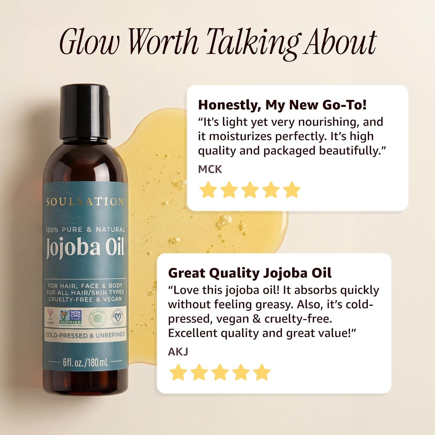 Detalle de SOULSATION Pure Jojoba Oil (Cold-Pressed, Unrefined) for Skin, Hair, Face & Body — 100% Natural, 6oz