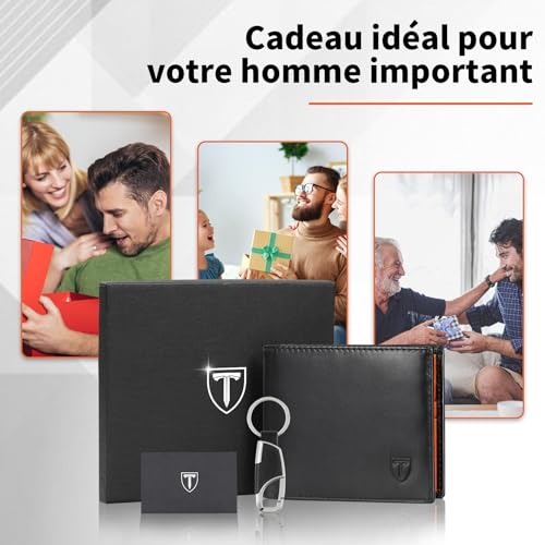 Detalle de TEEHON Portefeuille Homme en Cuir Véritable RFID – Portefeuille mince tri-fold avec 10 cartes, 2 compartiments billets et porte-clés, noir/orange