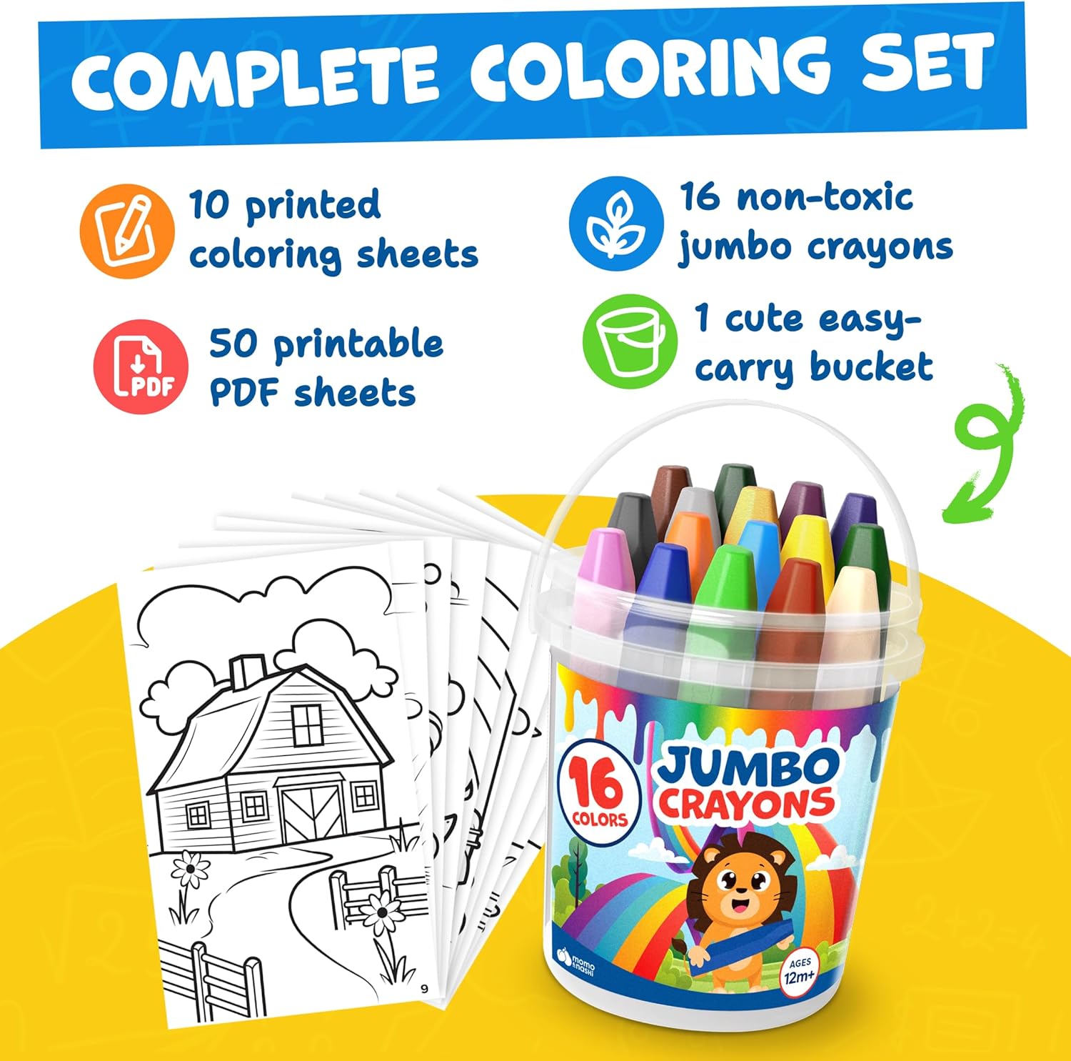 Thumbnail 1 de Jumbo Crayons for Toddlers 1–3 (16pc) — Non-Toxic, Washable Toddler Crayon Set with Coloring Sheets