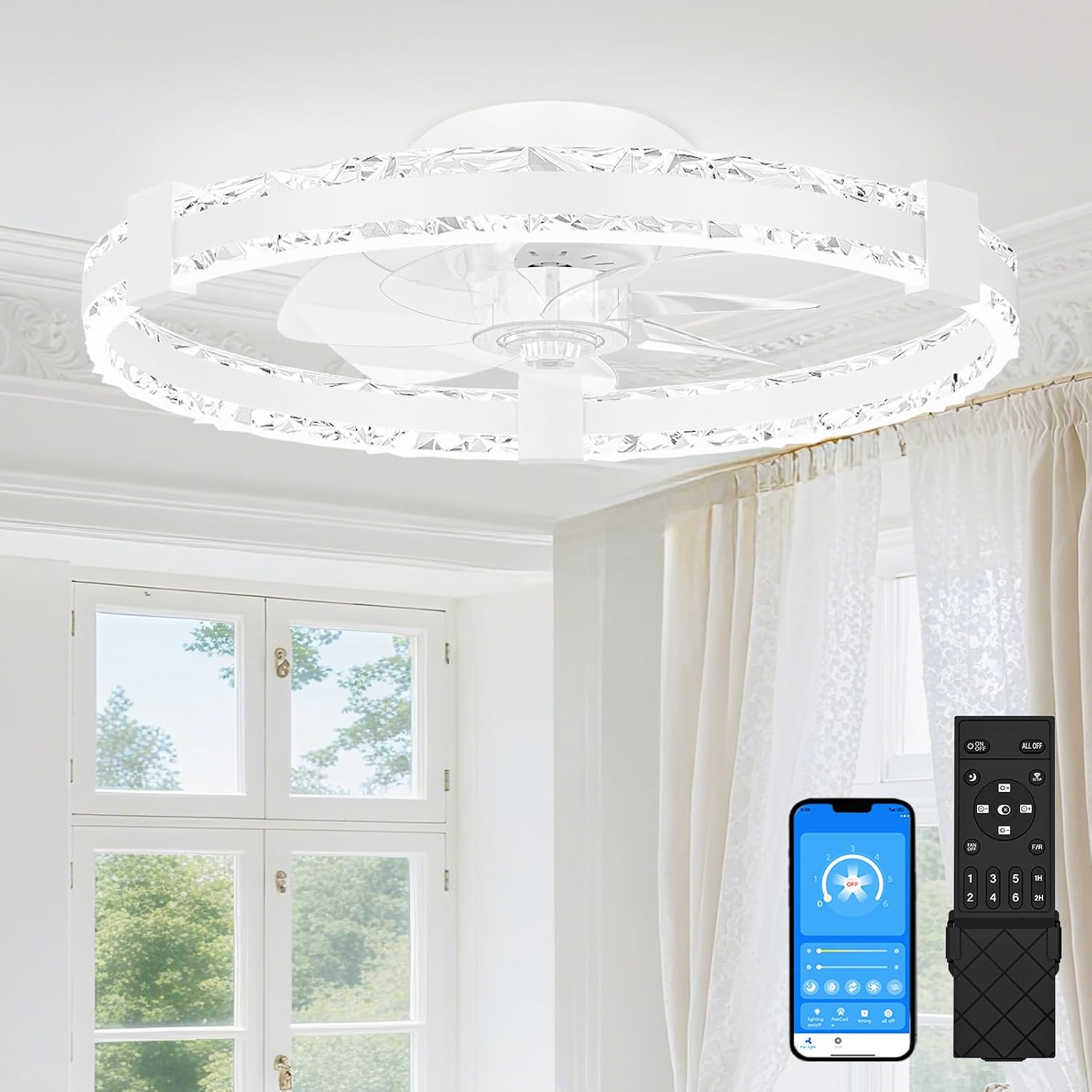 Detalle de SUNKENET 50cm Ceiling Fan with Lights and Remote – Dimmable LED, 6 Speeds, Quiet Reversible Breeze