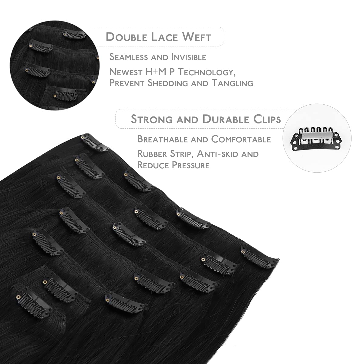 Thumbnail 2 de WENNALIFE Clip-in Hair Extensions (Remy Human Hair), 18 Inch, 7pcs, Jet Black